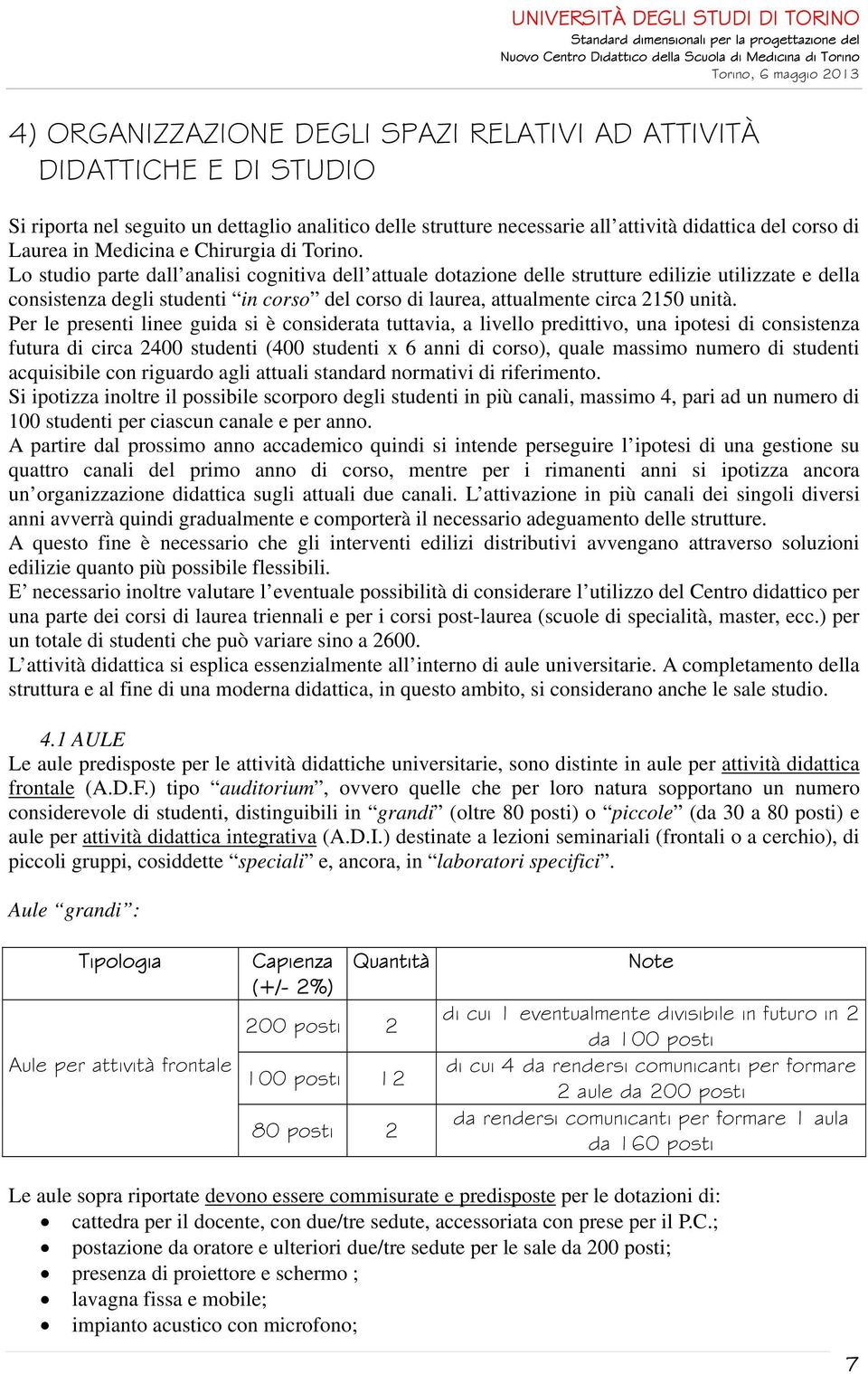 Lo studio parte dall analisi cognitiva dell attuale dotazione delle strutture edilizie utilizzate e della consistenza degli studenti in corso del corso di laurea, attualmente circa 2150 unità.