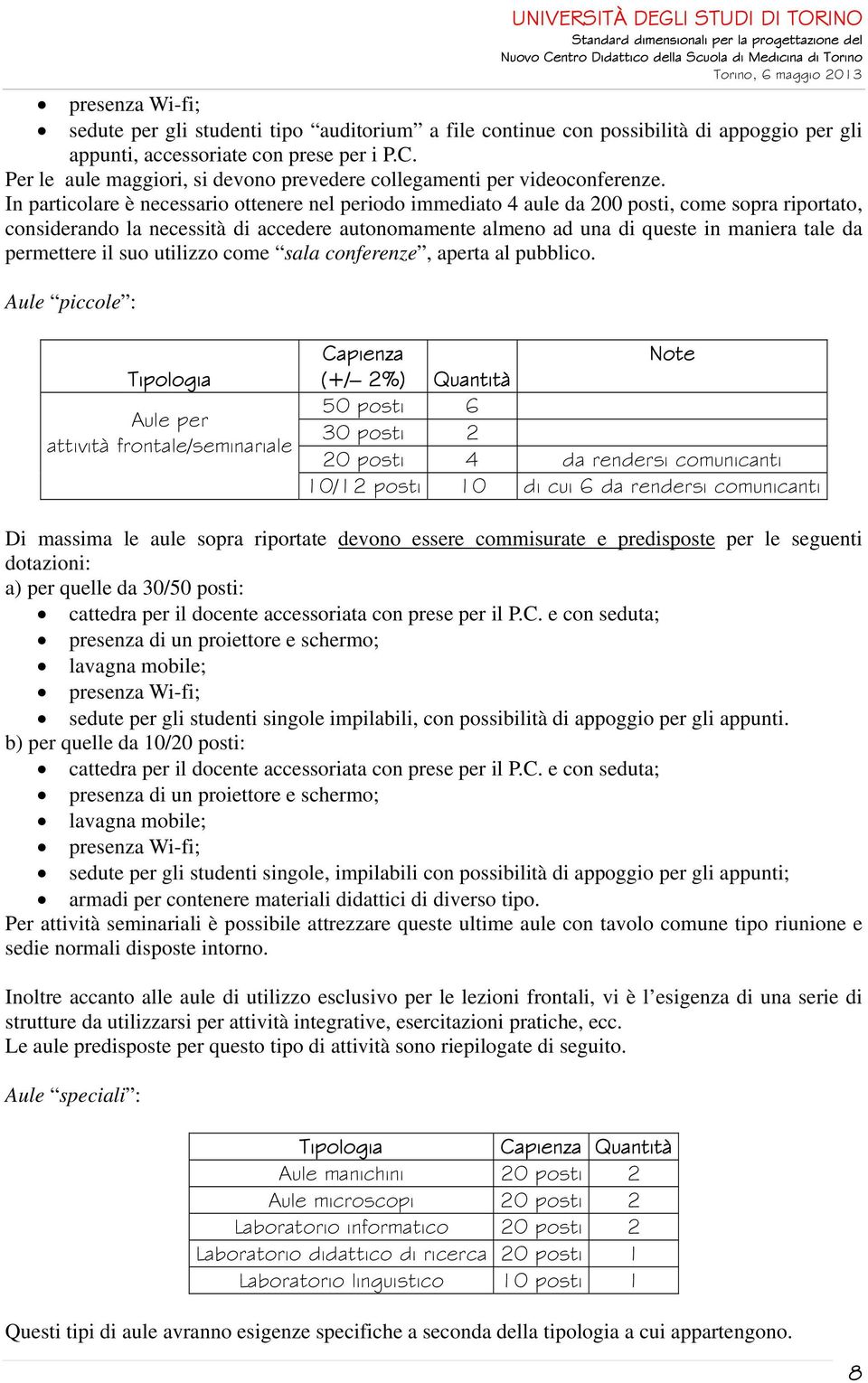 In particolare è necessario ottenere nel periodo immediato 4 aule da 200 posti, come sopra riportato, considerando la necessità di accedere autonomamente almeno ad una di queste in maniera tale da