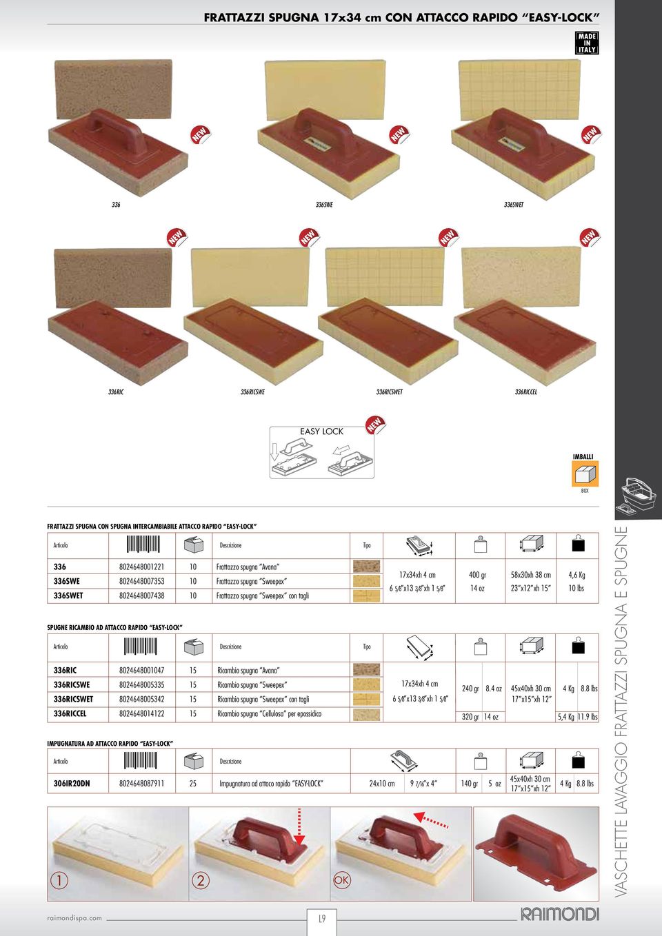 EASY-LOCK 336RIC 8024648001047 15 Ricambio spugna Avana 336RICSWE 8024648005335 15 Ricambio spugna Sweepex 336RICSWET 8024648005342 15 Ricambio spugna Sweepex con tagli 336RICCEL 8024648014122 15