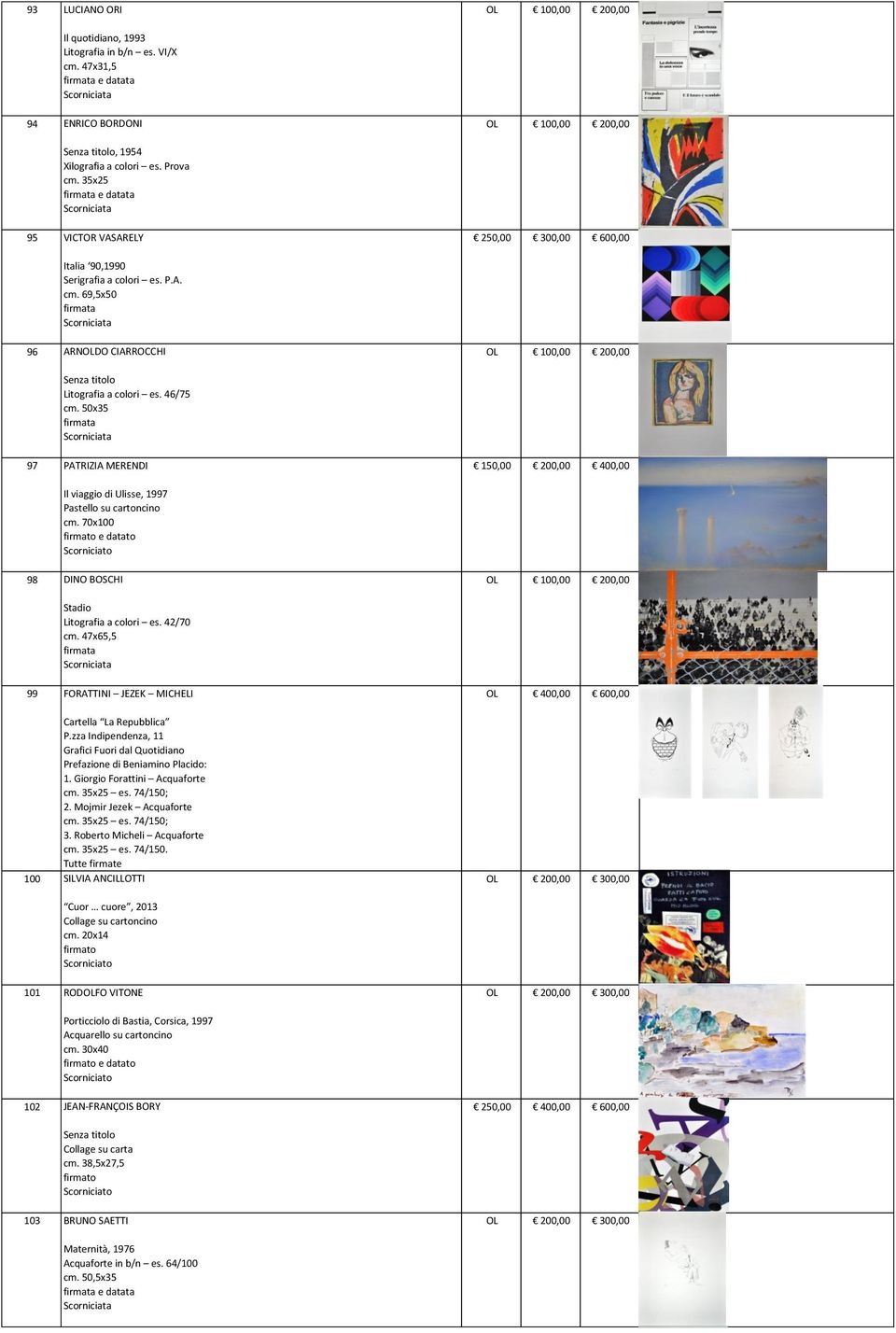 50x35 97 PATRIZIA MERENDI 150,00 200,00 400,00 Il viaggio di Ulisse, 1997 Pastello su cartoncino cm. 70x100 e datato 98 DINO BOSCHI OL 100,00 200,00 Stadio es. 42/70 cm.