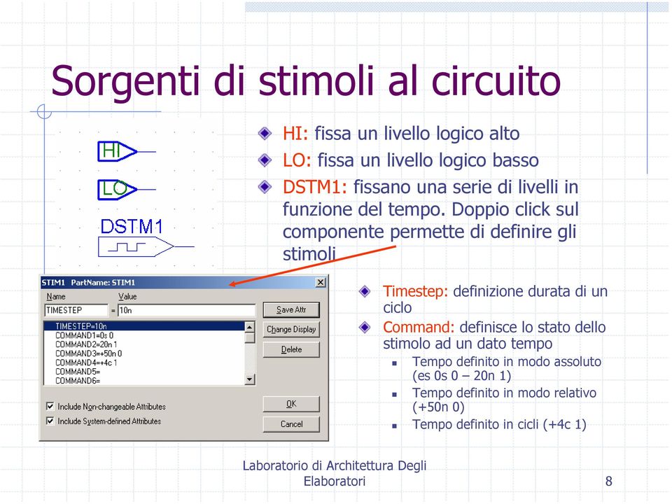 Doppio click sul componente permette di definire gli stimoli Timestep: definizione durata di un ciclo Command: