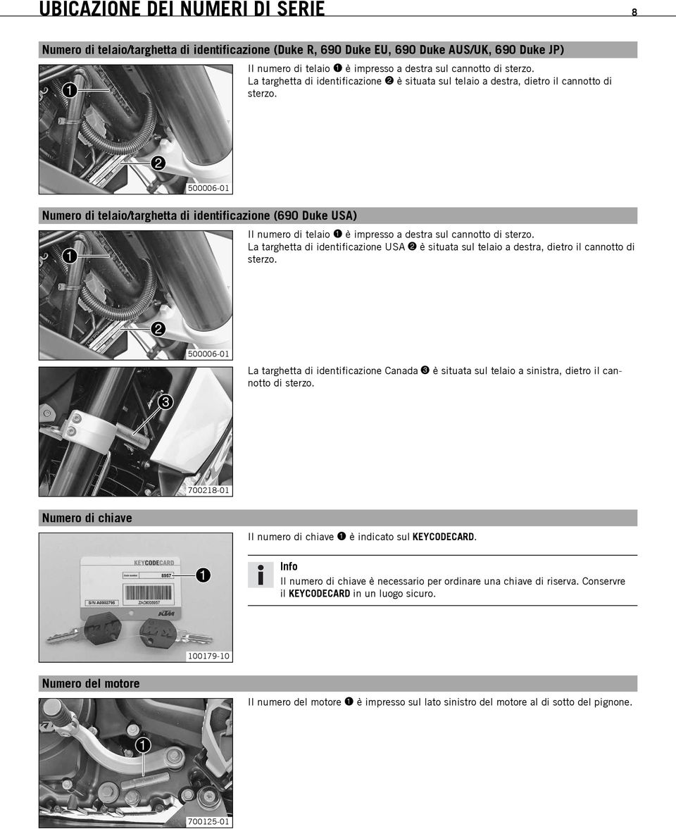 Numero di telaio/targhetta di identificazione (690 Duke USA) Il numero di telaio è impresso a destra sul cannotto di sterzo.