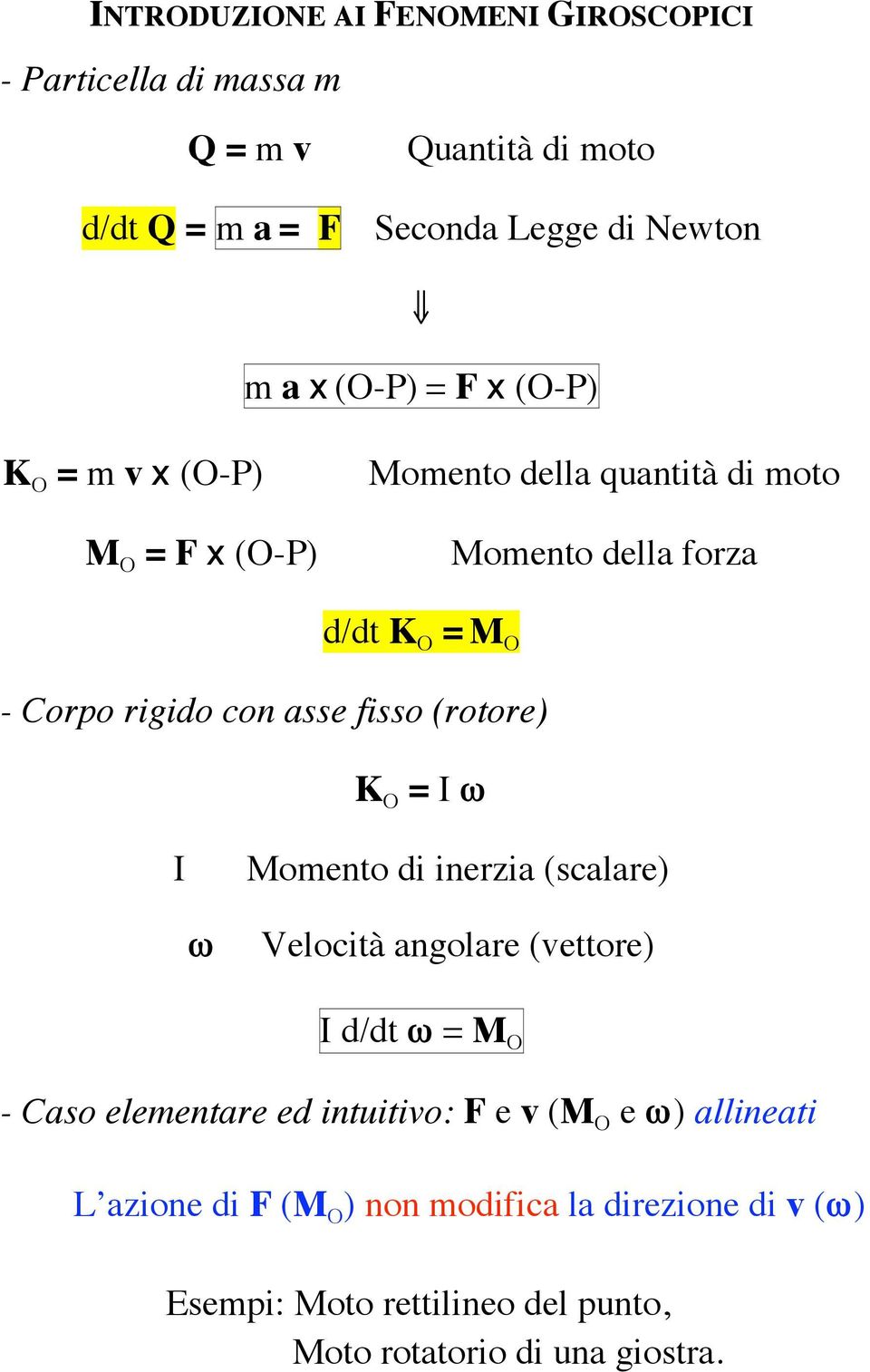 fisso (rotore) K O = I ω I Momento di inerzia (scalare) ω Velocità angolare (vettore) I d/dt ω = M O - Caso elementare ed intuitivo: F e v