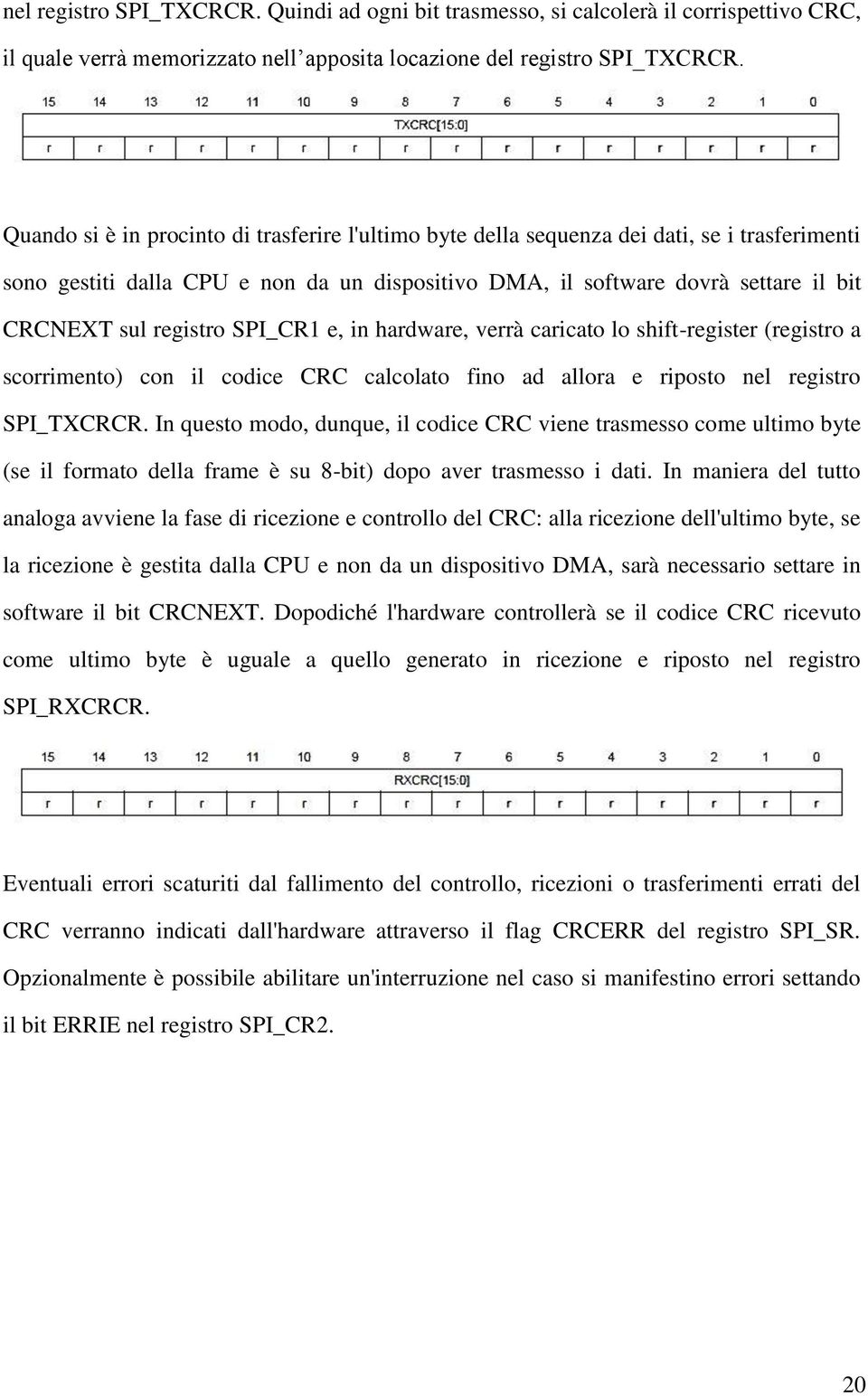 registro SPI_CR1 e, in hardware, verrà caricato lo shift-register (registro a scorrimento) con il codice CRC calcolato fino ad allora e riposto nel registro SPI_TXCRCR.