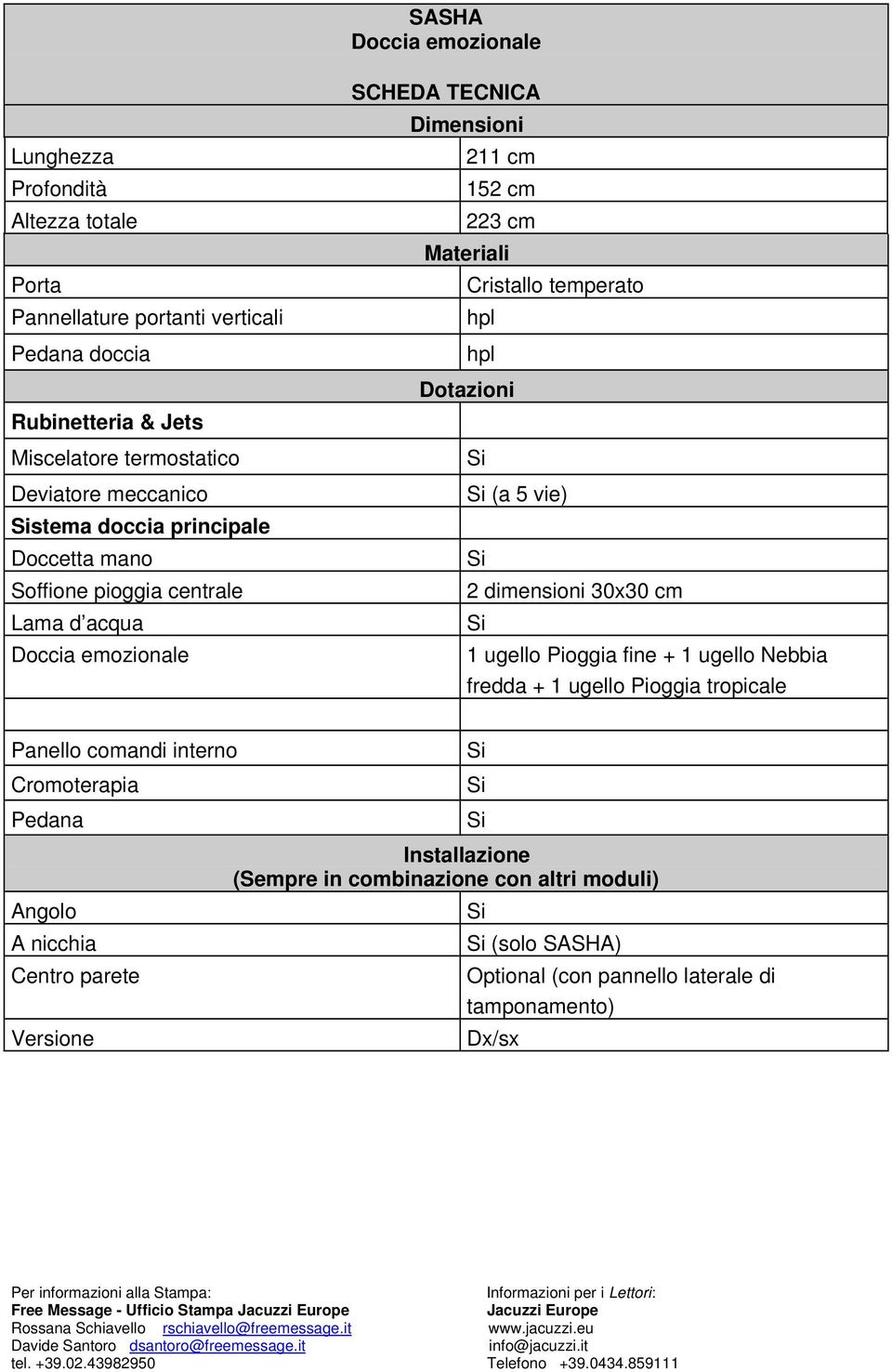 hpl Dotazioni (a 5 vie) 2 dimensioni 30x30 cm 1 ugello Pioggia fine + 1 ugello Nebbia fredda + 1 ugello Pioggia tropicale Panello comandi interno Cromoterapia Pedana Angolo A