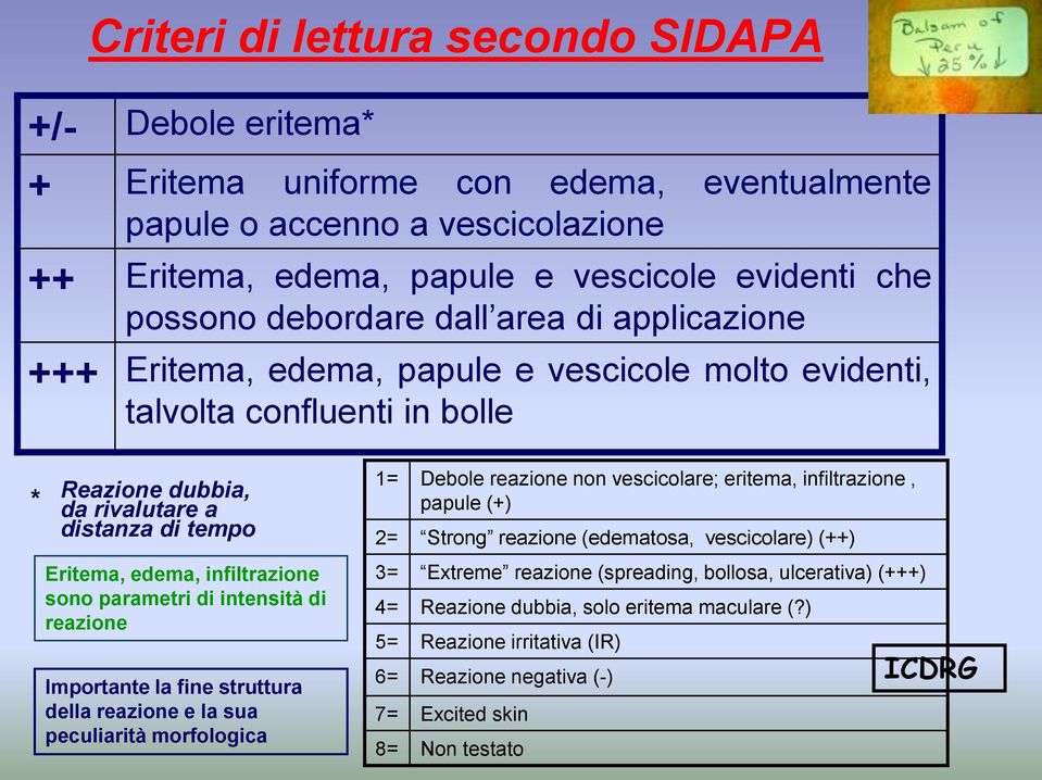 infiltrazione sono parametri di intensità di reazione Importante la fine struttura della reazione e la sua peculiarità morfologica 1= Debole reazione non vescicolare; eritema, infiltrazione, papule