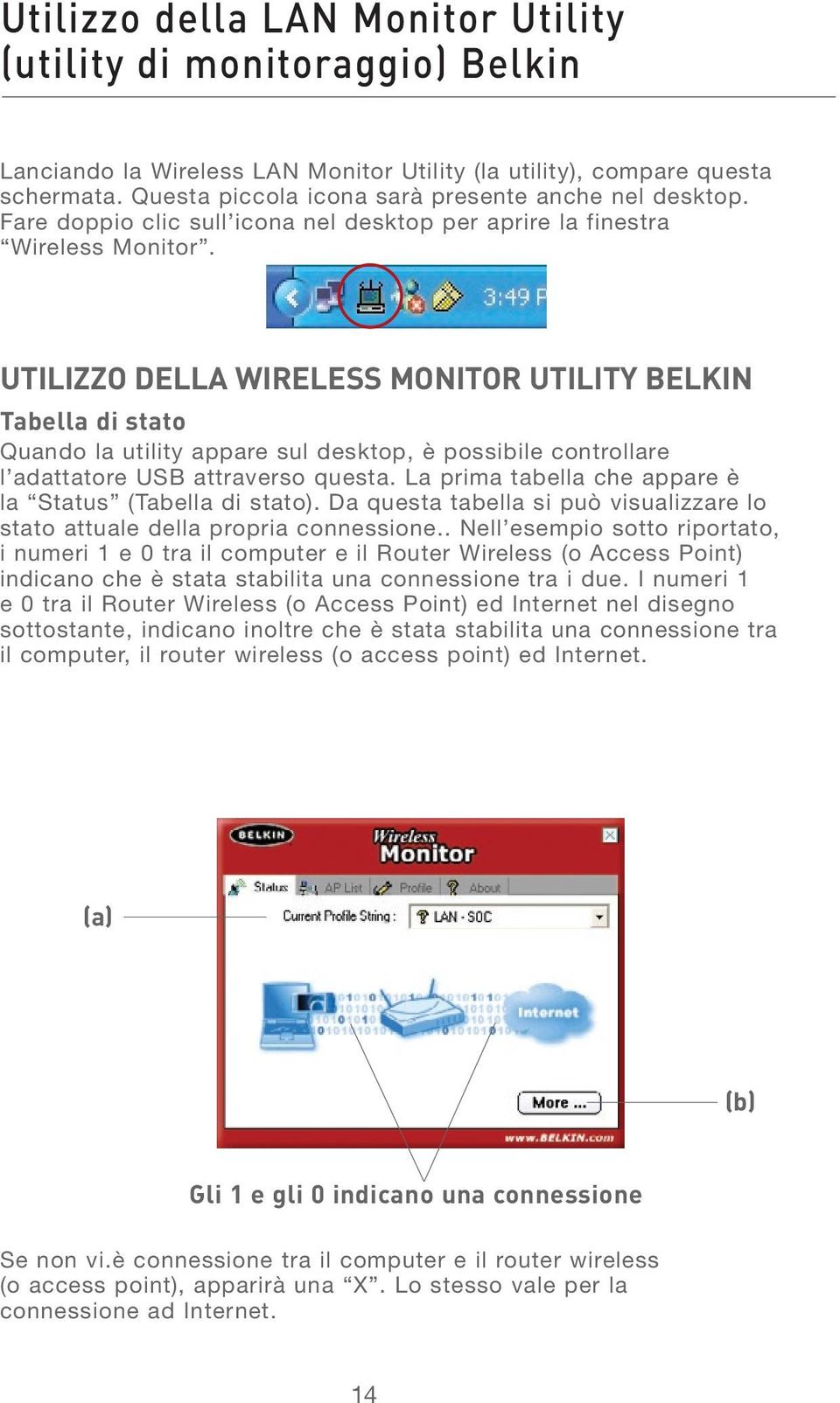UTILIZZO DELLA WIRELESS MONITOR UTILITY BELKIN Tabella di stato Quando la utility appare sul desktop, è possibile controllare l adattatore USB attraverso questa.