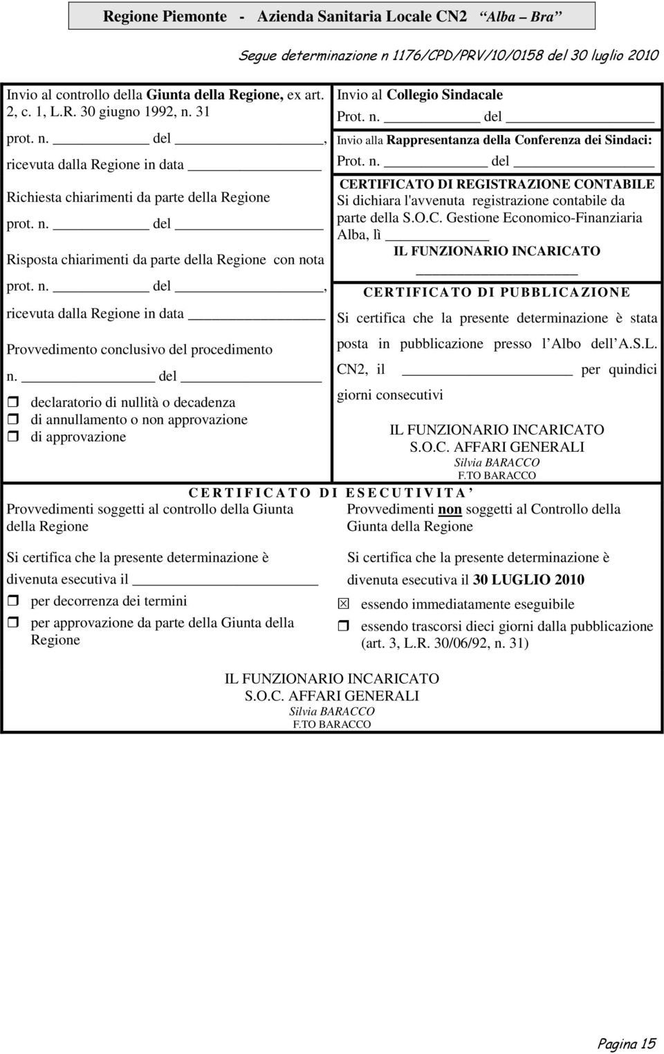 del declaratorio di nullità o decadenza di annullamento o non approvazione di approvazione Provvedimenti soggetti al controllo della Giunta della Regione Invio al Collegio Sindacale Prot. n. del Invio alla Rappresentanza della Conferenza dei Sindaci: Prot.