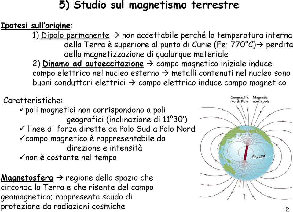 campo elettrico induce campo magnetico Caratteristiche: poli magnetici non corrispondono a poli geografici (inclinazione di 11 30 ) linee di forza dirette da Polo Sud a Polo Nord campo magnetico è