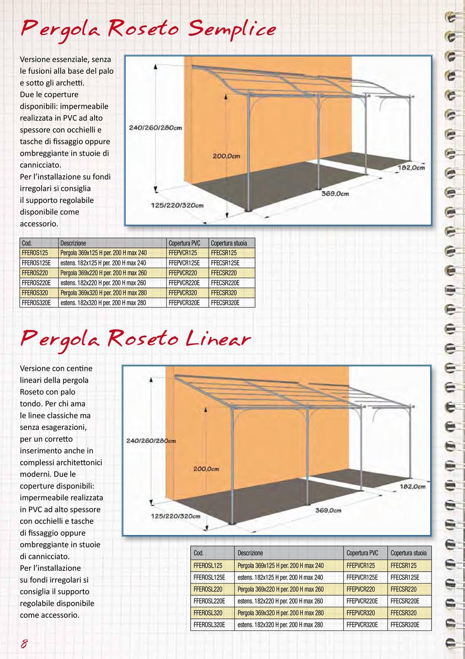 Per l installazione su fondi irregolari si consiglia il supporto regolabile disponibile come accessorio. Cod. Descrizione Copertura PVC Copertura stuoia FFEROS125 Pergola 369x125 H per.