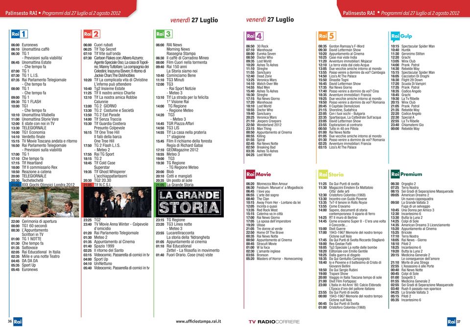 07:35 Rai Parlamento Telegiornale 08:00 TG 1 09:00 TG 1 09:30 TG 1 FLASH 10:00 TG1 10:10 Unomattina Vitabella 11:00 Unomattina Storie Vere 12:00 E state con noi in TV 13:30 TELEGIORNALE 14:00 TG1