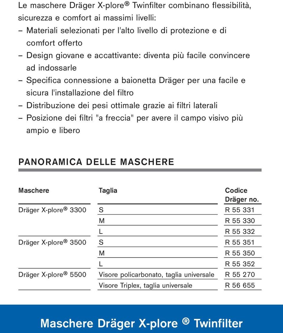 laterali Posizione dei filtri "a freccia" per avere il campo visivo più ampio e libero PANORAMICA DELLE MASCHERE Maschere Taglia Codice Dräger no.