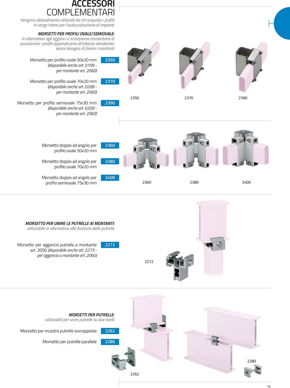 0199 - per montante art. 2060) Morsetto per profilo ovale 70x20 mm (disponibile anche art. 0208 - per montante art. 2060) Morsetto per profilo semiovale 75x30 mm (disponibile anche art.