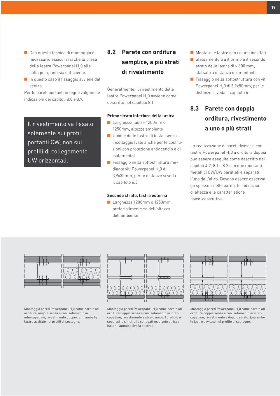 8 e 8.9. Il rivestimento va fissato solamente sui profili portanti CW, non sui profili di collegamento UW orizzontali. 8.2 Parete con orditura semplice, a più strati di rivestimento Generalmente, il rivestimento delle lastre 0 avviene come descritto nel capitolo 8.