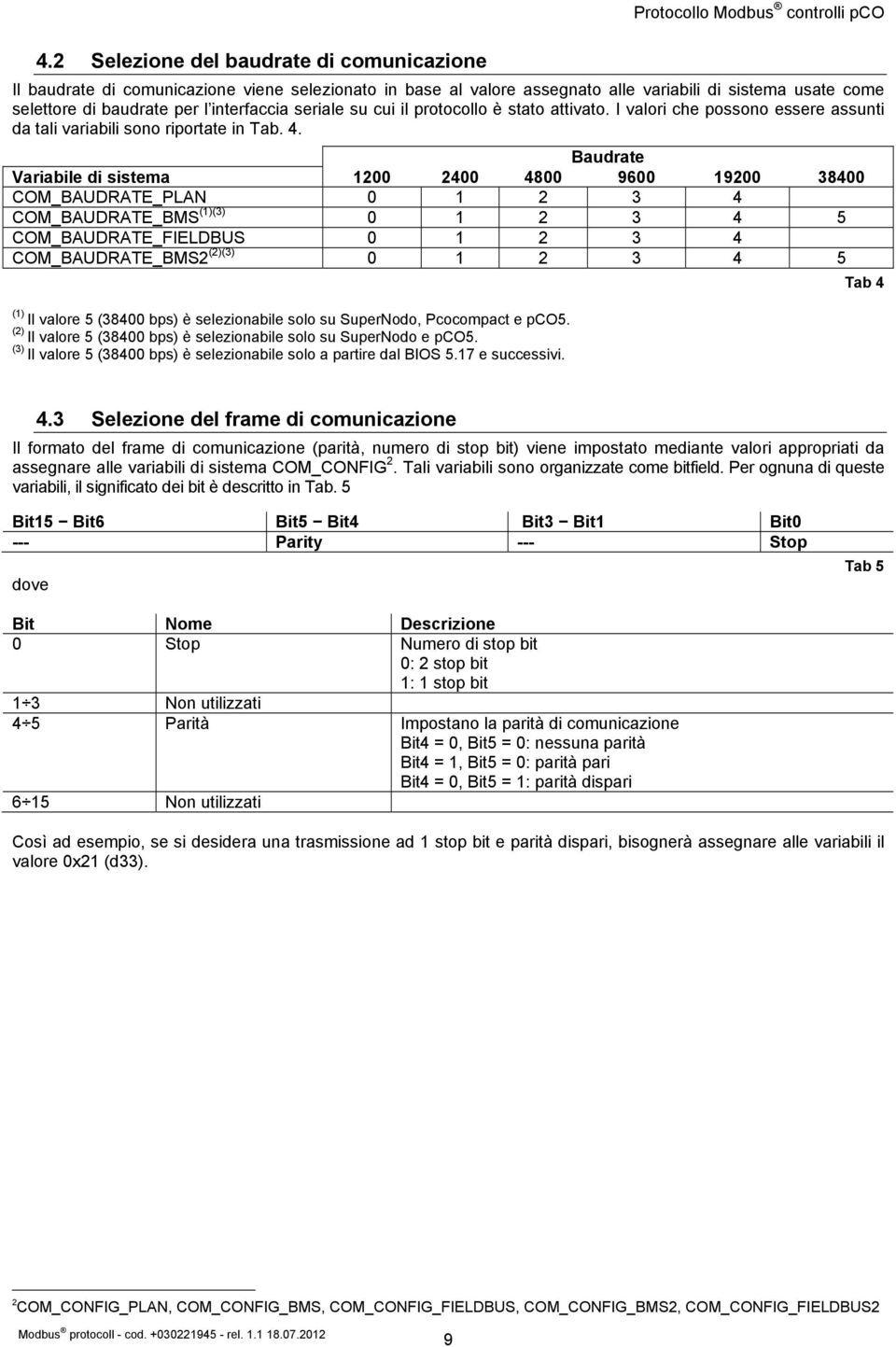 seriale su cui il protocollo è stato attivato. I valori che possono essere assunti da tali variabili sono riportate in Tab. 4.