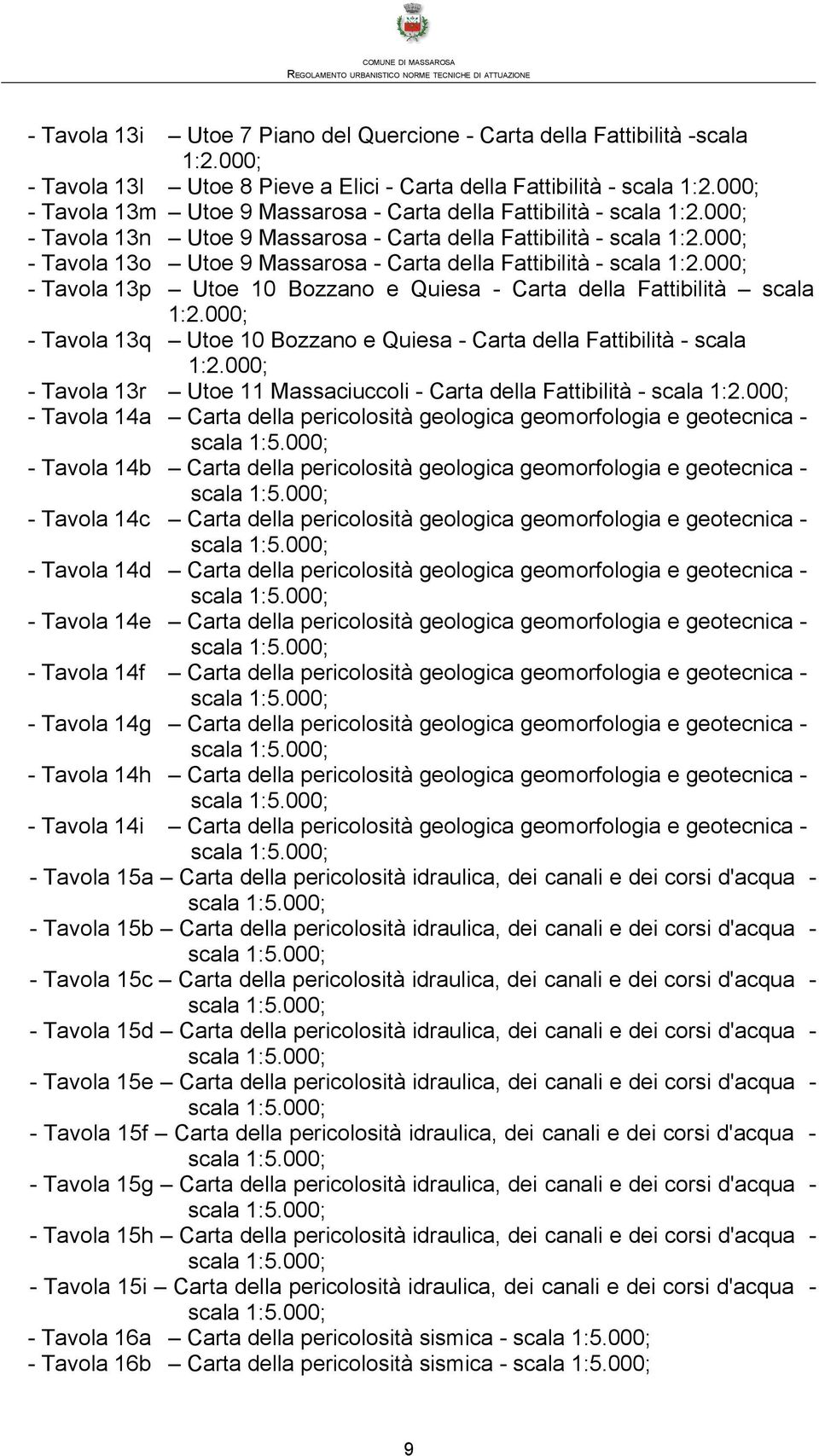 000; - Tavola 13o Utoe 9 Massarosa - Carta della Fattibilità - scala 1:2.000; - Tavola 13p Utoe 10 Bozzano e Quiesa - Carta della Fattibilità scala 1:2.