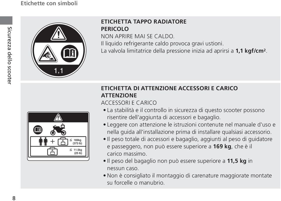 ETICHETTA DI ATTENZIONE ACCESSORI E CARICO ATTENZIONE ACCESSORI E CARICO La stabilità e il controllo in sicurezza di questo scooter possono risentire dell'aggiunta di accessori e bagaglio.