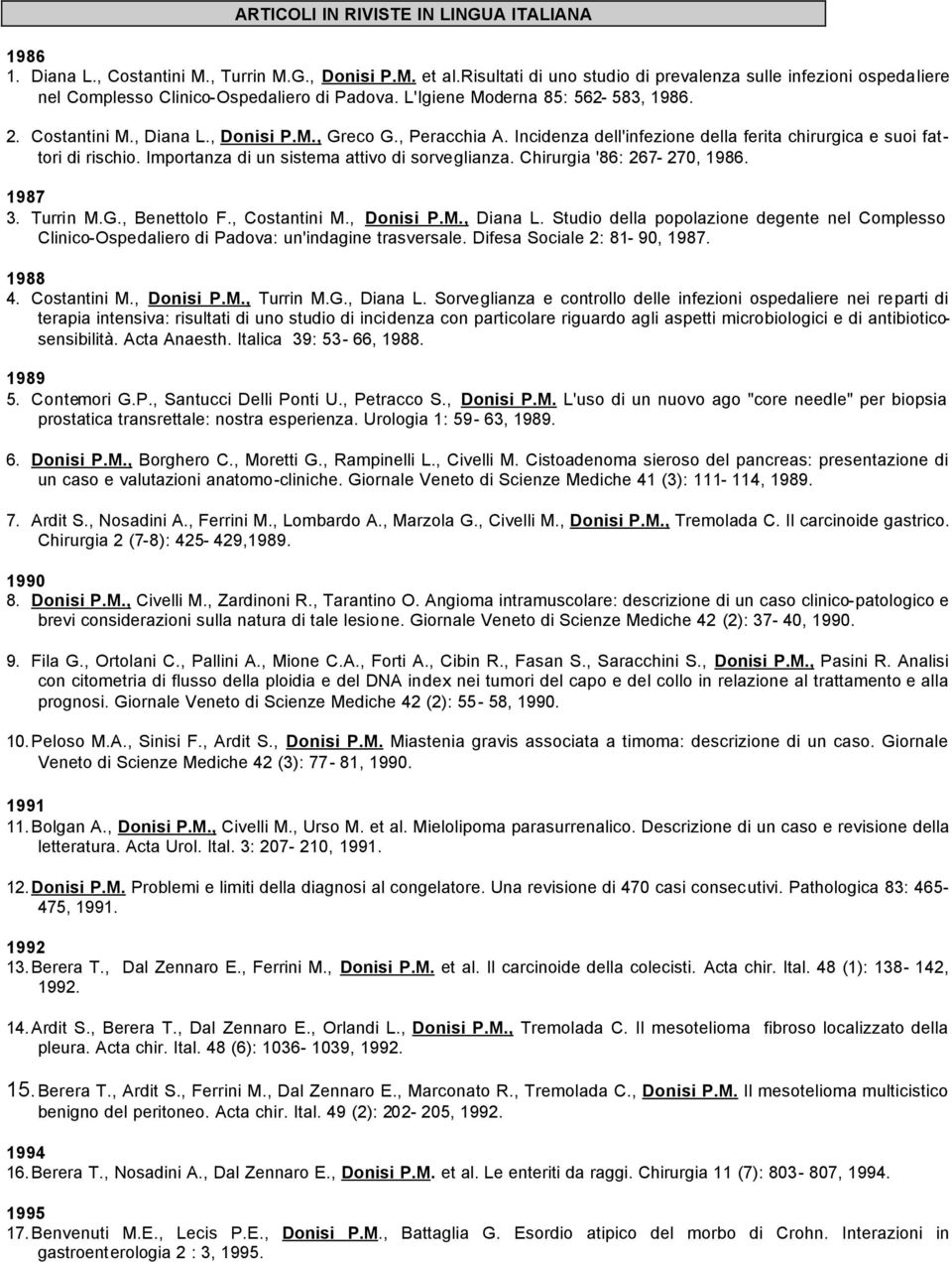 , Peracchia A. Incidenza dell'infezione della ferita chirurgica e suoi fattori di rischio. Importanza di un sistema attivo di sorveglianza. Chirurgia '86: 267-270, 1986. 1987 3. Turrin M.G.