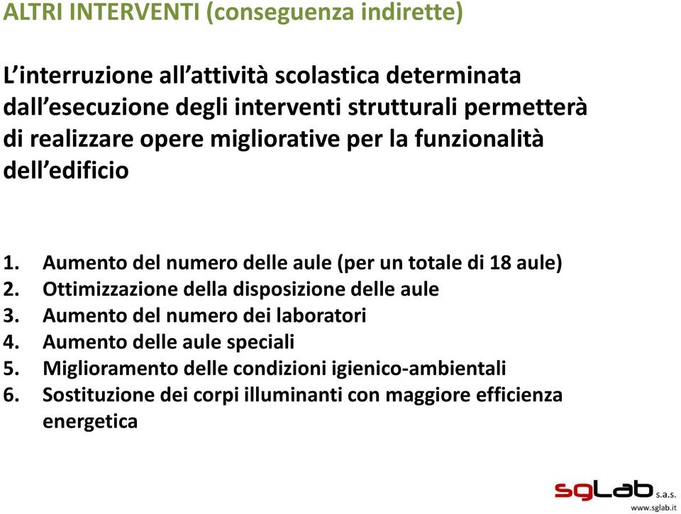 Aumento del numero delle aule (per un totale di 18 aule) 2. Ottimizzazione della disposizione delle aule 3.