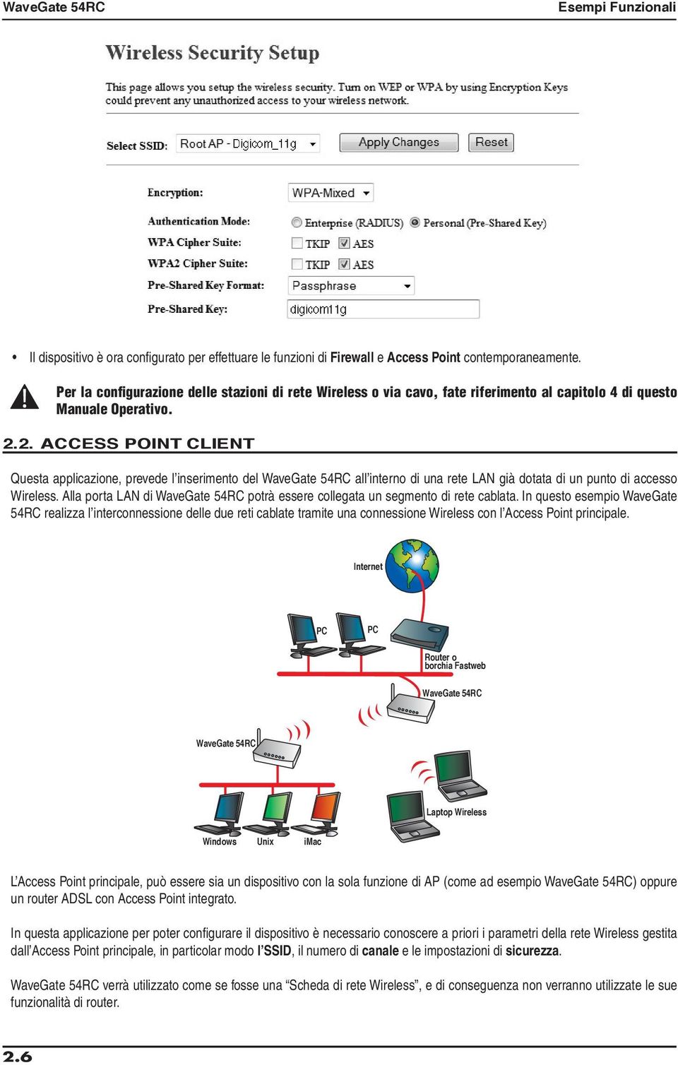 2. ACCESS POINT CLIENT Questa applicazione, prevede l inserimento del WaveGate 54RC all interno di una rete LAN già dotata di un punto di accesso Wireless.