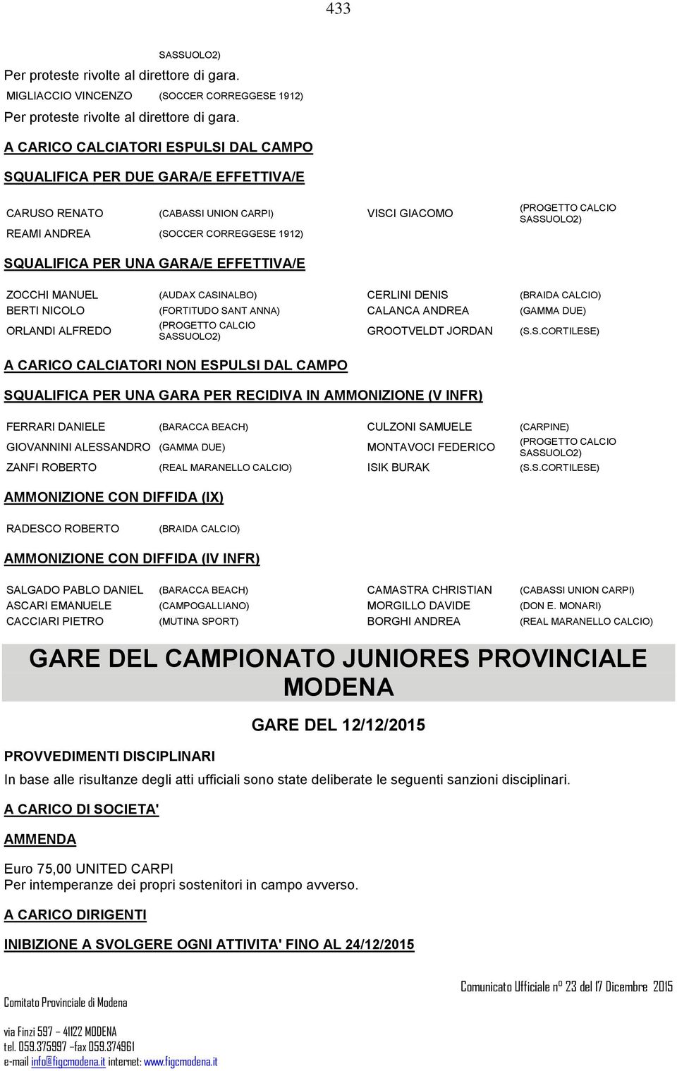 SQUALIFICA PER UNA GARA/E EFFETTIVA/E ZOCCHI MANUEL (AUDAX CASINALBO) CERLINI DENIS (BRAIDA CALCIO) BERTI NICOLO (FORTITUDO SANT ANNA) CALANCA ANDREA (GAMMA DUE) (PROGETTO CALCIO ORLANDI ALFREDO