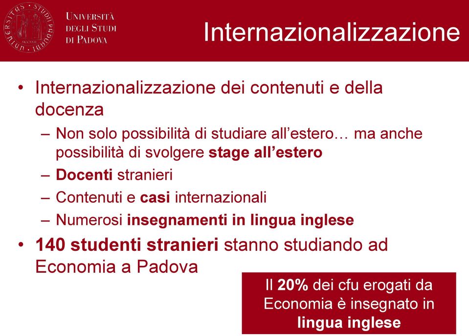 Contenuti e casi internazionali Numerosi insegnamenti in lingua inglese 140 studenti stranieri