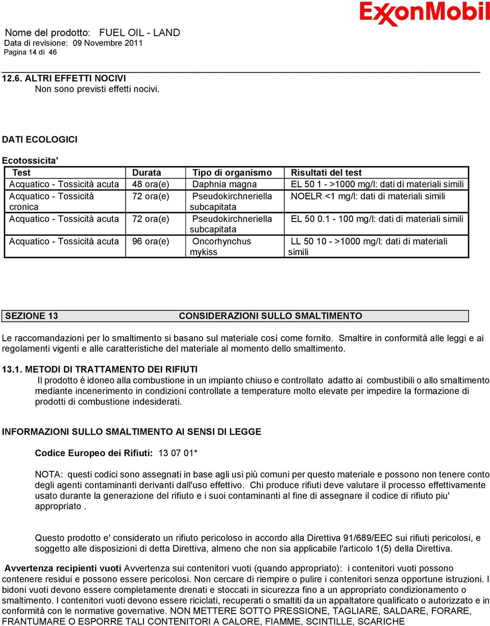 72 ora(e) Pseudokirchneriella NOELR <1 mg/l: dati di materiali simili cronica subcapitata Acquatico - Tossicità acuta 72 ora(e) Pseudokirchneriella subcapitata EL 50 0.