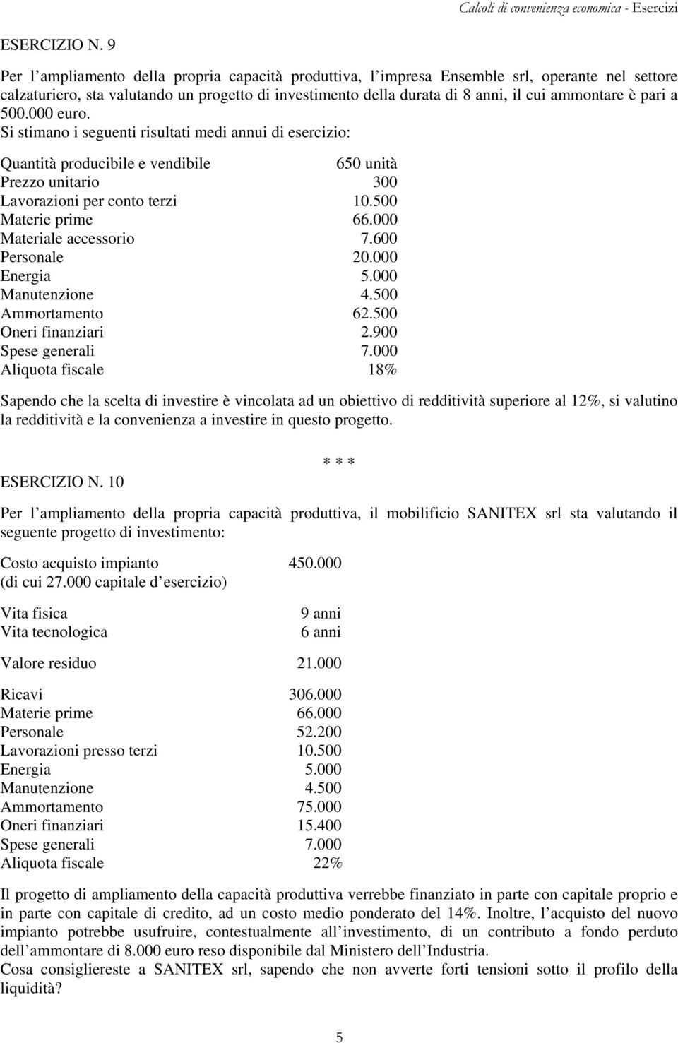 pari a 500.000 euro. Si stimano i seguenti risultati medi annui di esercizio: Quantità producibile e vendibile 650 unità Prezzo unitario 300 Lavorazioni per conto terzi 10.500 Materie prime 66.