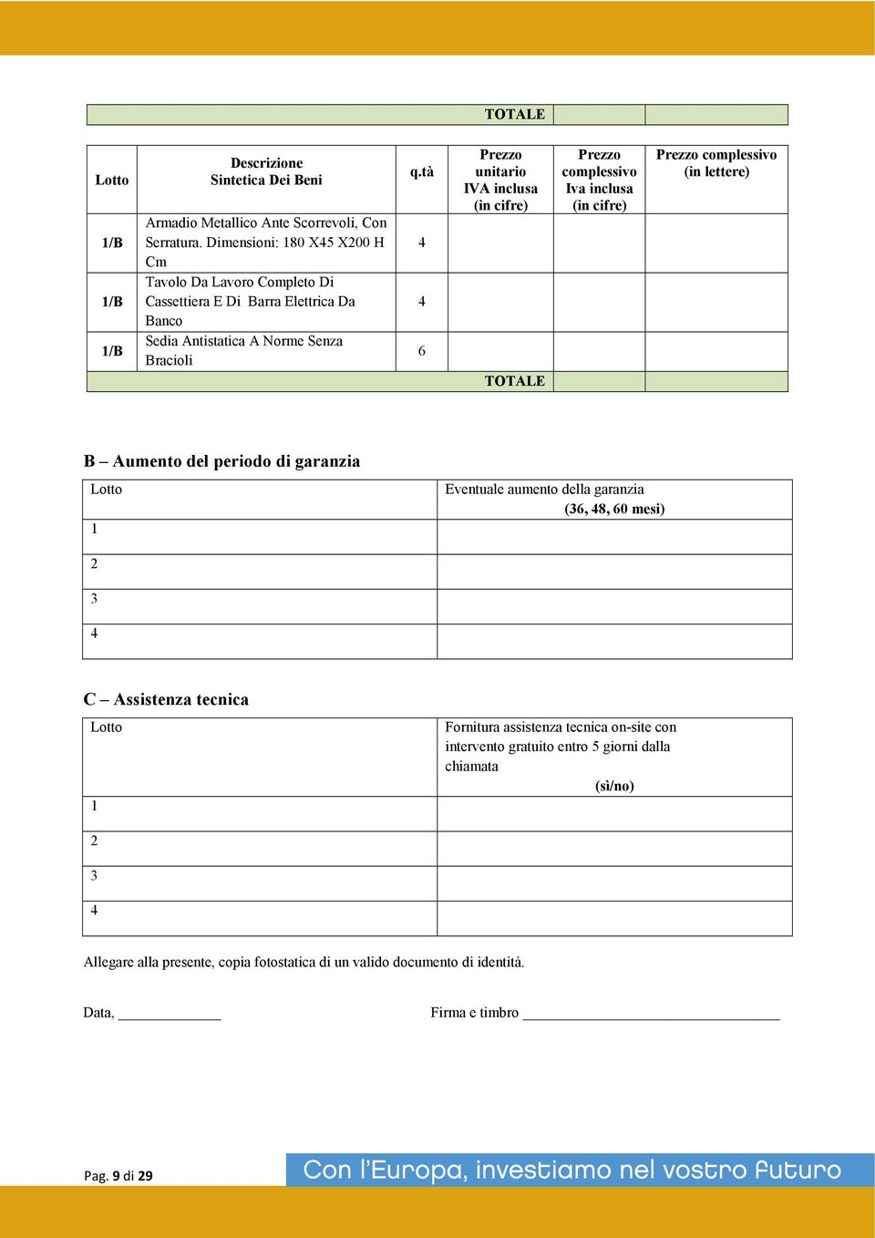 tà 4 4 6 unitario IVA inclusa TOTALE complessivo Iva inclusa complessivo (in lettere) B Aumento del periodo di garanzia Eventuale aumento della garanzia (6, 48,