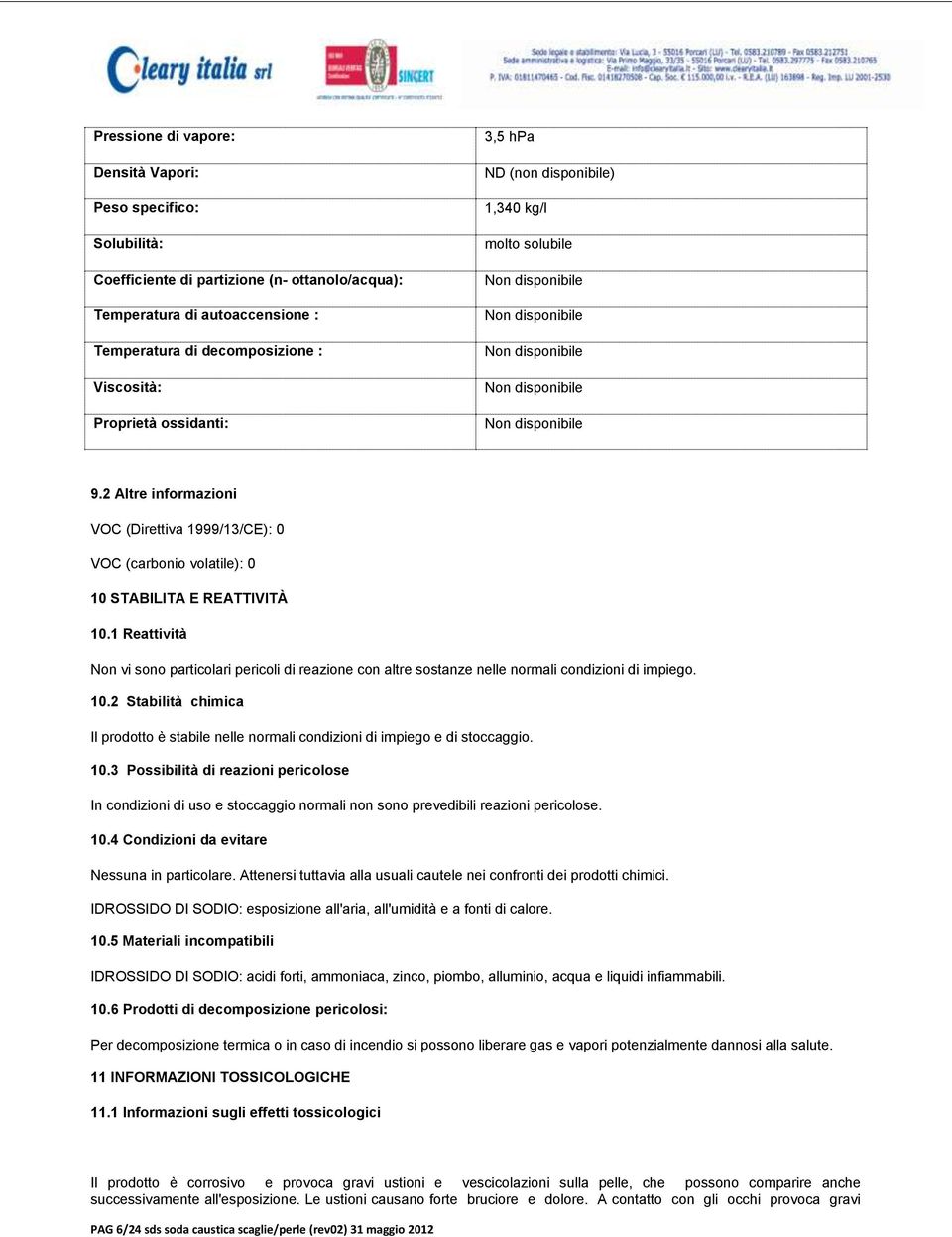 2 Altre informazioni VOC (Direttiva 1999/13/CE): 0 VOC (carbonio volatile): 0 10 STABILITA E REATTIVITÀ 10.