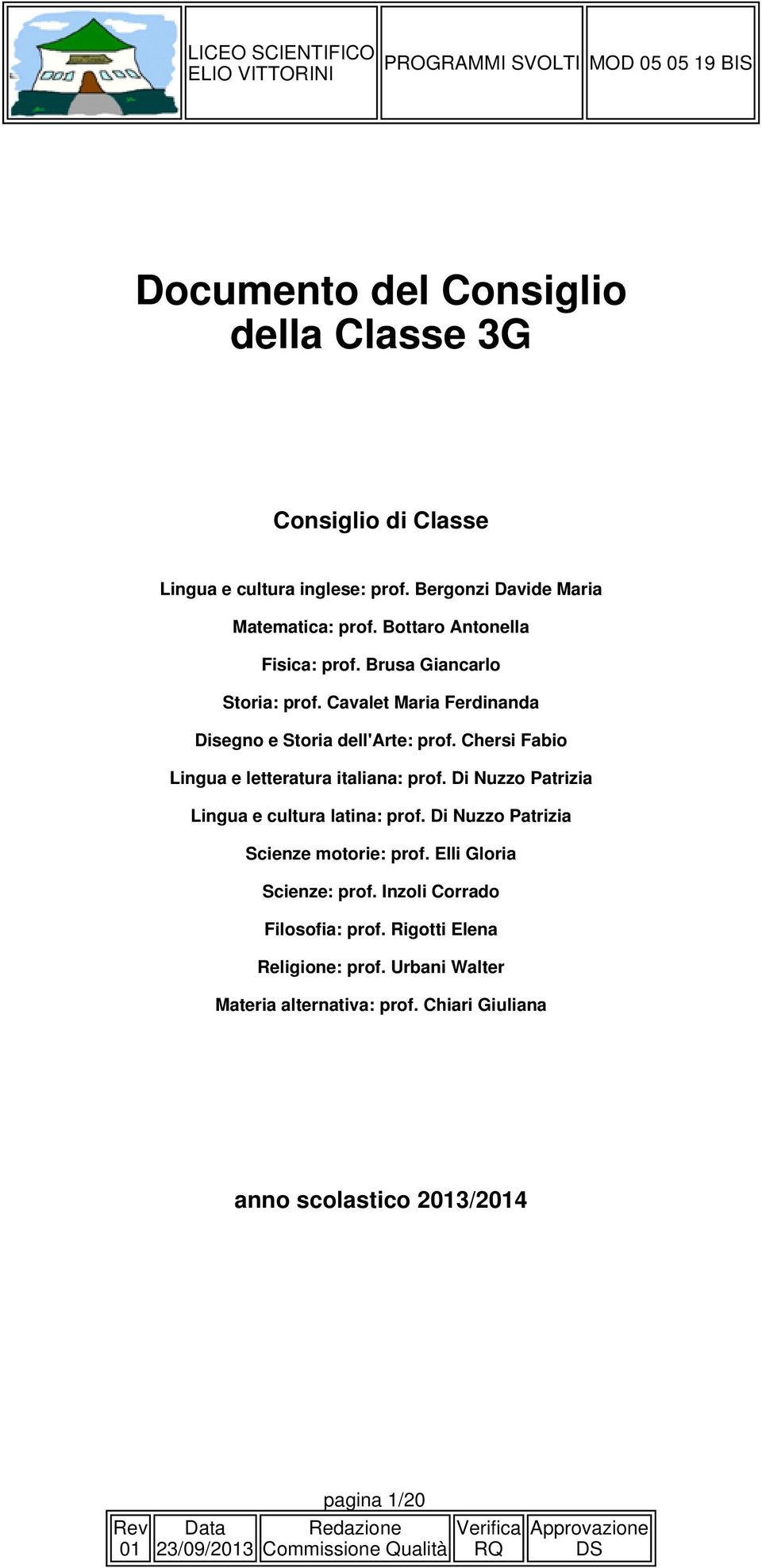 Chersi Fabio Lingua e letteratura italiana: prof. Di Nuzzo Patrizia Lingua e cultura latina: prof. Di Nuzzo Patrizia Scienze motorie: prof.