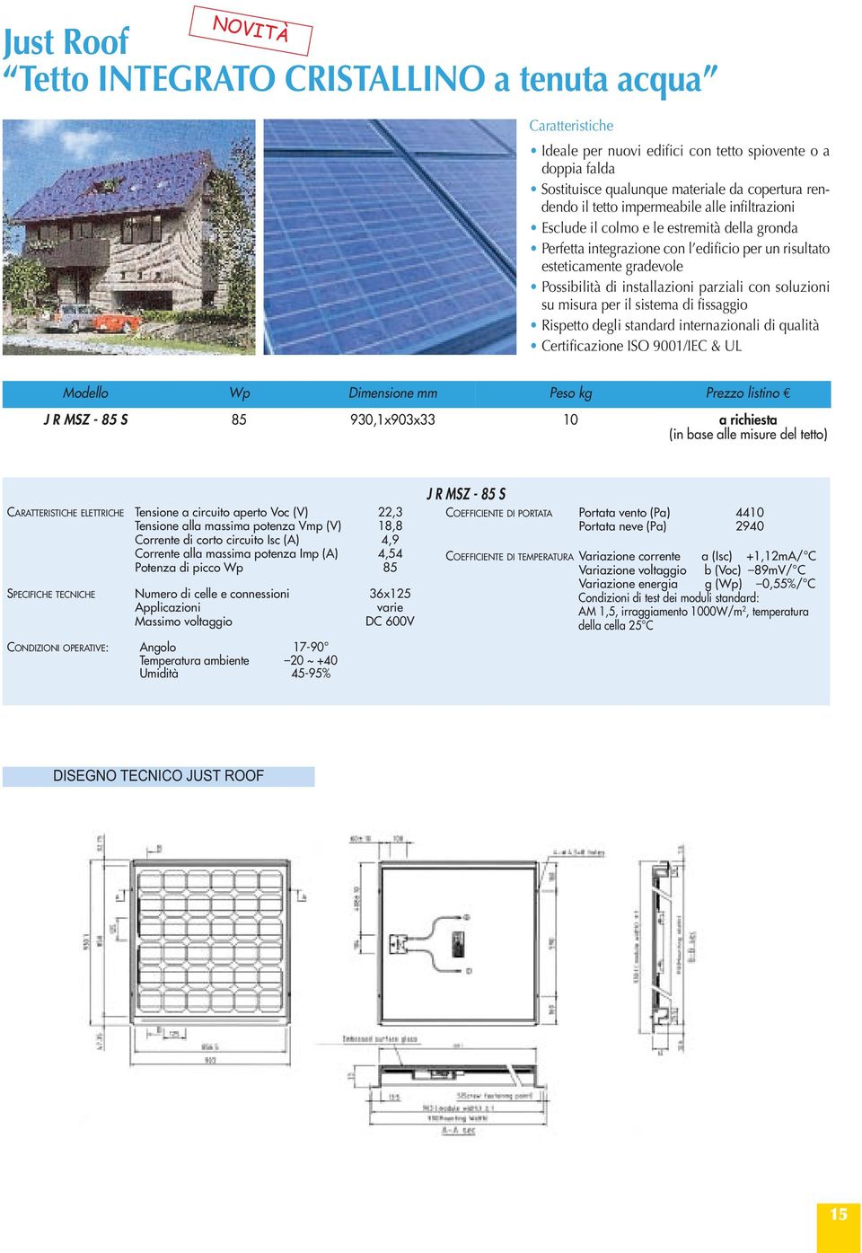 con soluzioni su misura per il sistema di fissaggio Rispetto degli standard internazionali di qualità Certificazione ISO 900/IEC & UL Modello Wp Dimensione mm Peso kg Prezzo listino J R MSZ - 85 S 85