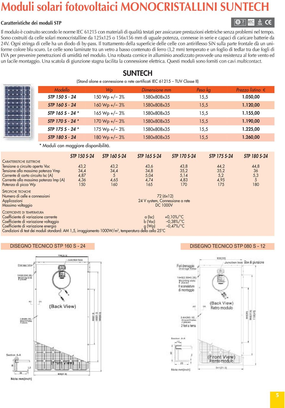 Sono costruiti da celle solari monocristalline da 25x25 o 56x56 mm di uguale potenza, connesse in serie e capaci di caricare batterie da 24V. Ogni stringa di celle ha un diodo di by-pass.