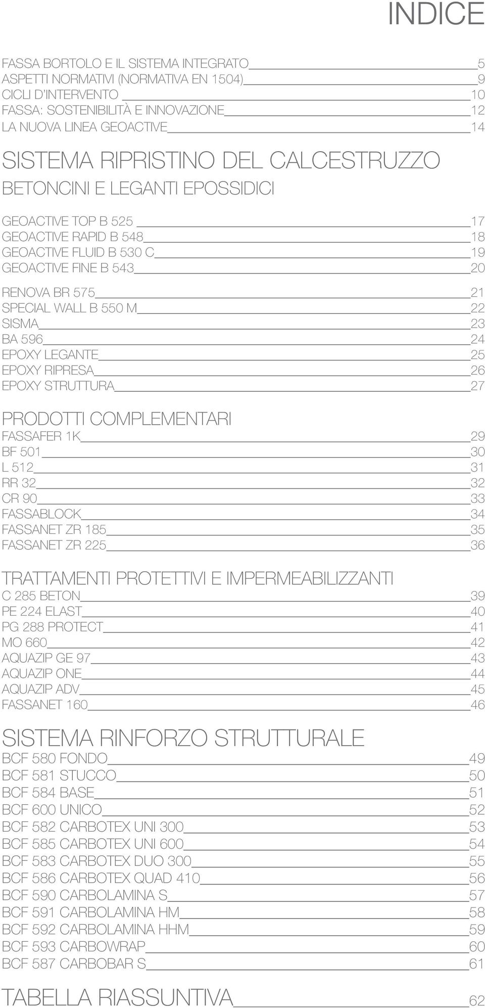 24 EPOXY LEGANTE 25 EPOXY RIPRESA 26 EPOXY STRUTTURA 27 PRODOTTI COMPLEMENTARI FASSAFER 1K 29 BF 501 30 L 512 31 RR 32 32 CR 90 33 FASSABLOCK 34 FASSANET ZR 185 35 FASSANET ZR 225 36 TRATTAMENTI