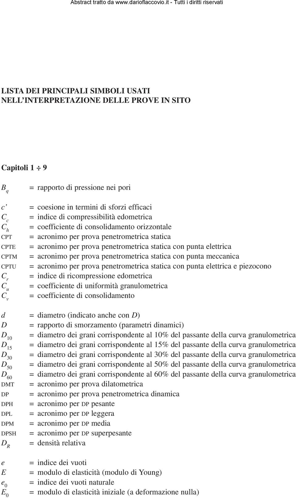 acronimo per prova penetrometrica statica con punta meccanica CPTU = acronimo per prova penetrometrica statica con punta elettrica e piezocono C r = indice di ricompressione edometrica C u =