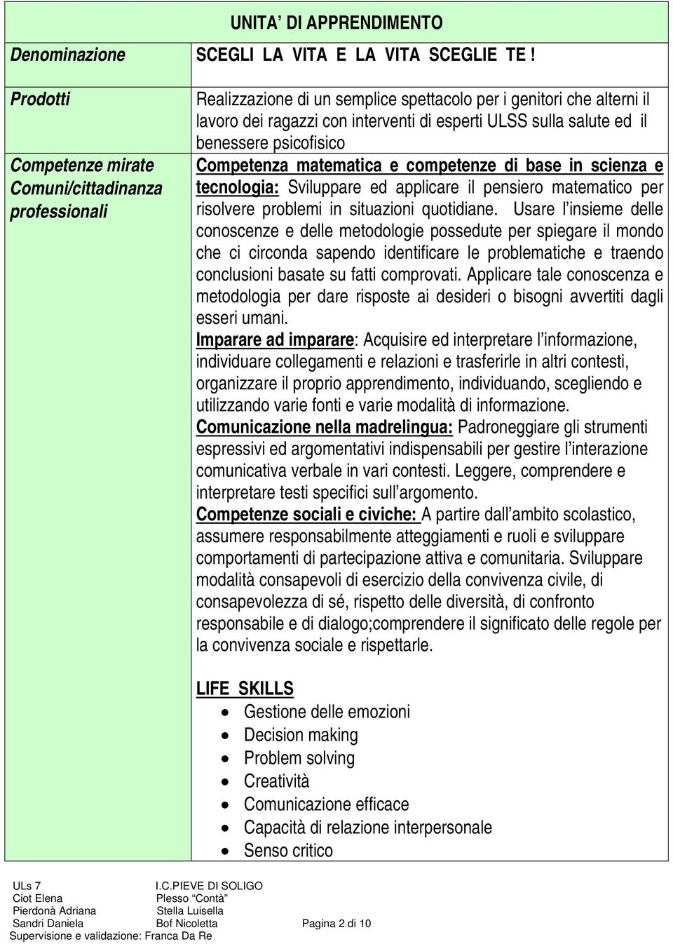 benessere psicofisico Competenza matematica e competenze di base in scienza e tecnologia: Sviluppare ed applicare il pensiero matematico per risolvere problemi in situazioni quotidiane.