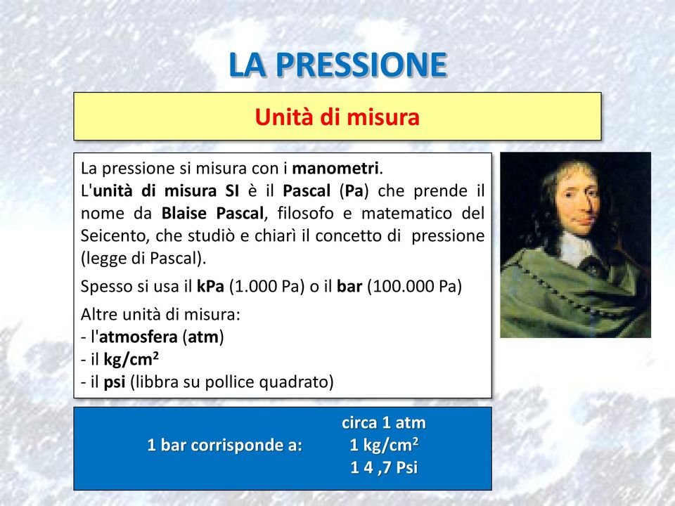 che studiò e chiarì il concetto di pressione (legge di Pascal). Spesso si usa il kpa (1.000 Pa) o il bar (100.