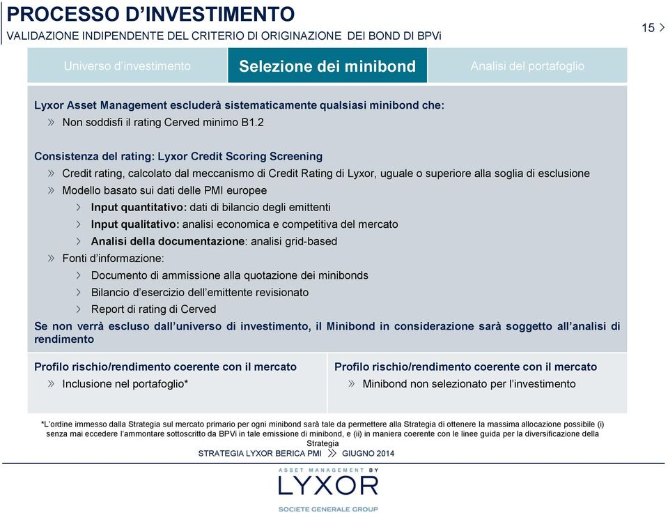 2 Consistenza del rating: Lyxor Credit Scoring Screening Credit rating, calcolato dal meccanismo di Credit Rating di Lyxor, uguale o superiore alla soglia di esclusione Modello basato sui dati delle