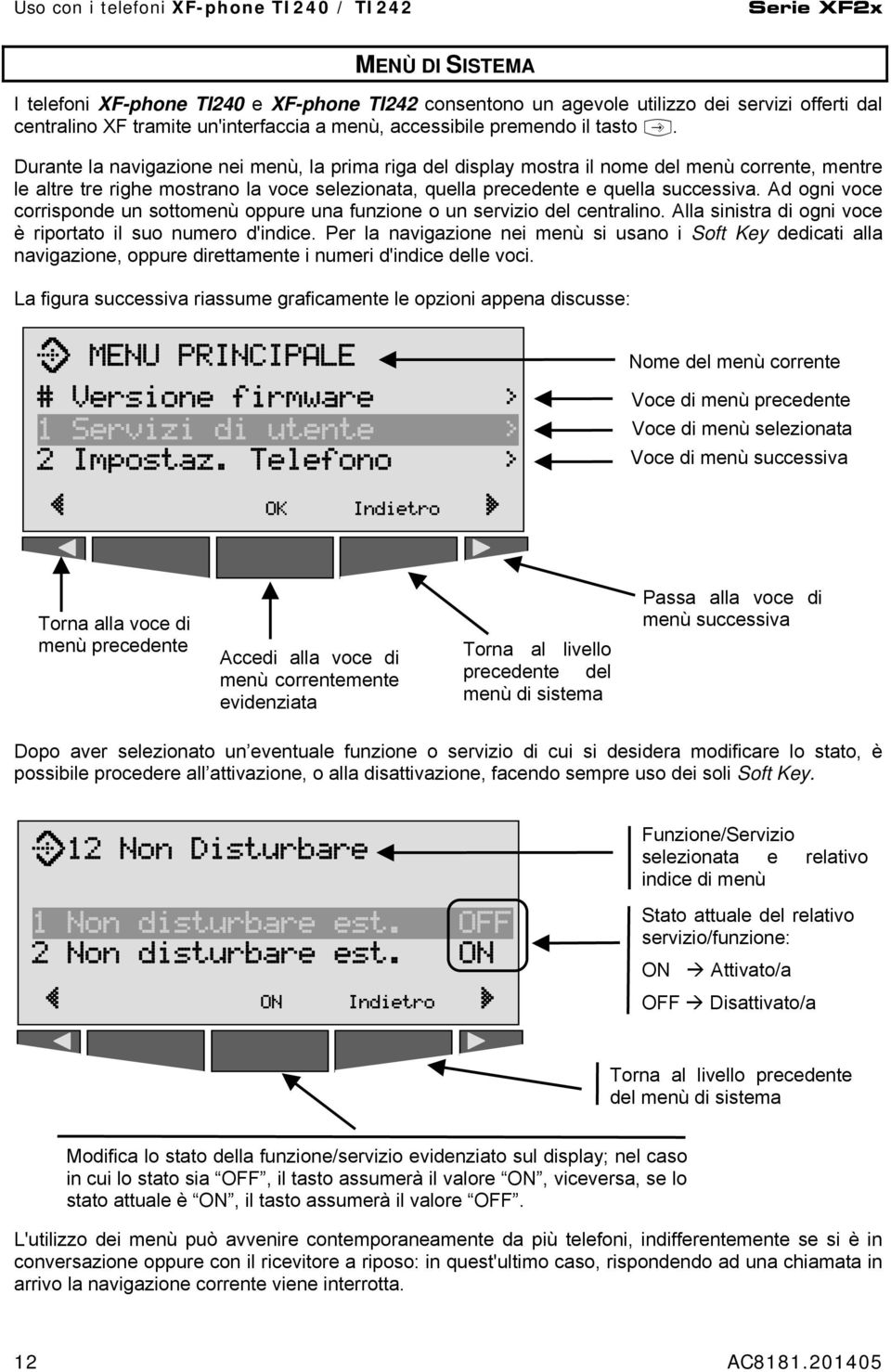 . Durante la navigazione nei menù, la prima riga del display mostra il nome del menù corrente, mentre le altre tre righe mostrano la voce selezionata, quella precedente e quella successiva.