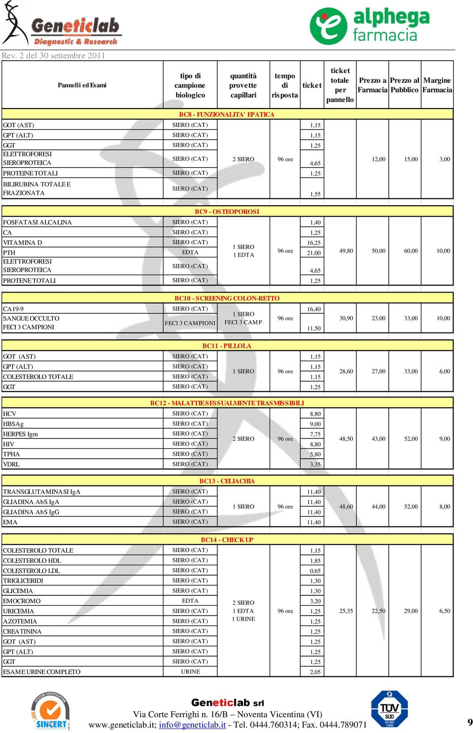 ALCALINA 1,40 CA 1,25 VITAMINA D 16,25 1 SIERO PTH EDTA 96 ore 21,00 49,80 1 EDTA ELETTROFORESI SIEROPROTEICA 4,65 PROTENE TOTALI 1,25 50,00 60,00 10,00 BC10 - SCREENING COLON-RETTO CA19-9 16,40 1