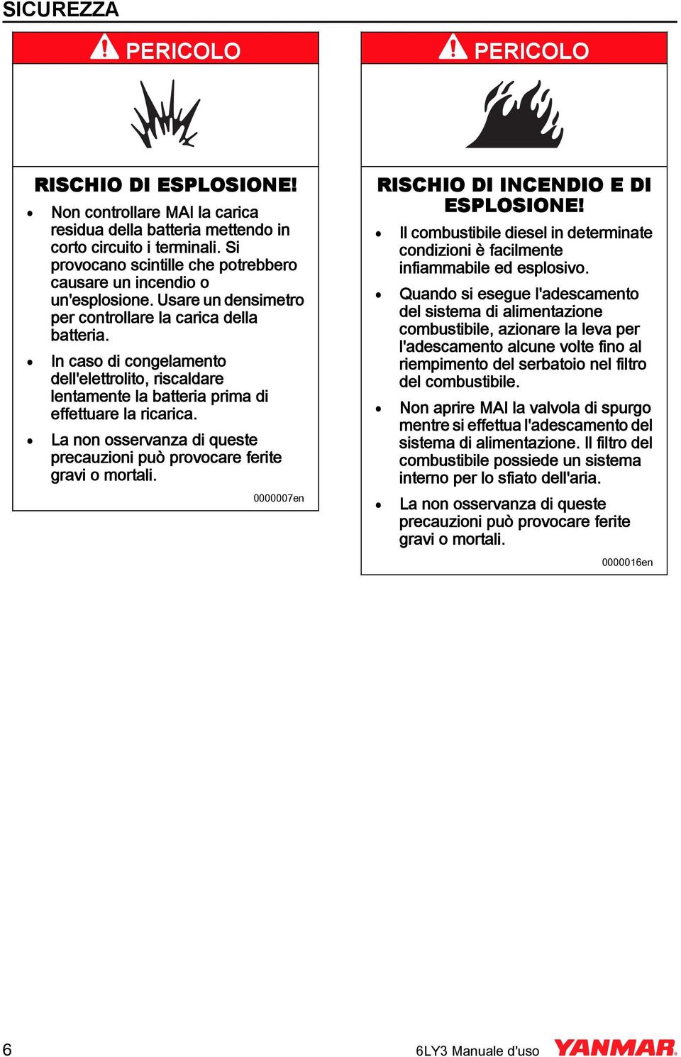 In caso di congelamento dell'elettrolito, riscaldare lentamente la batteria prima di effettuare la ricarica. 0000007en RISCHIO DI ICEDIO E DI ESPLOSIOE!