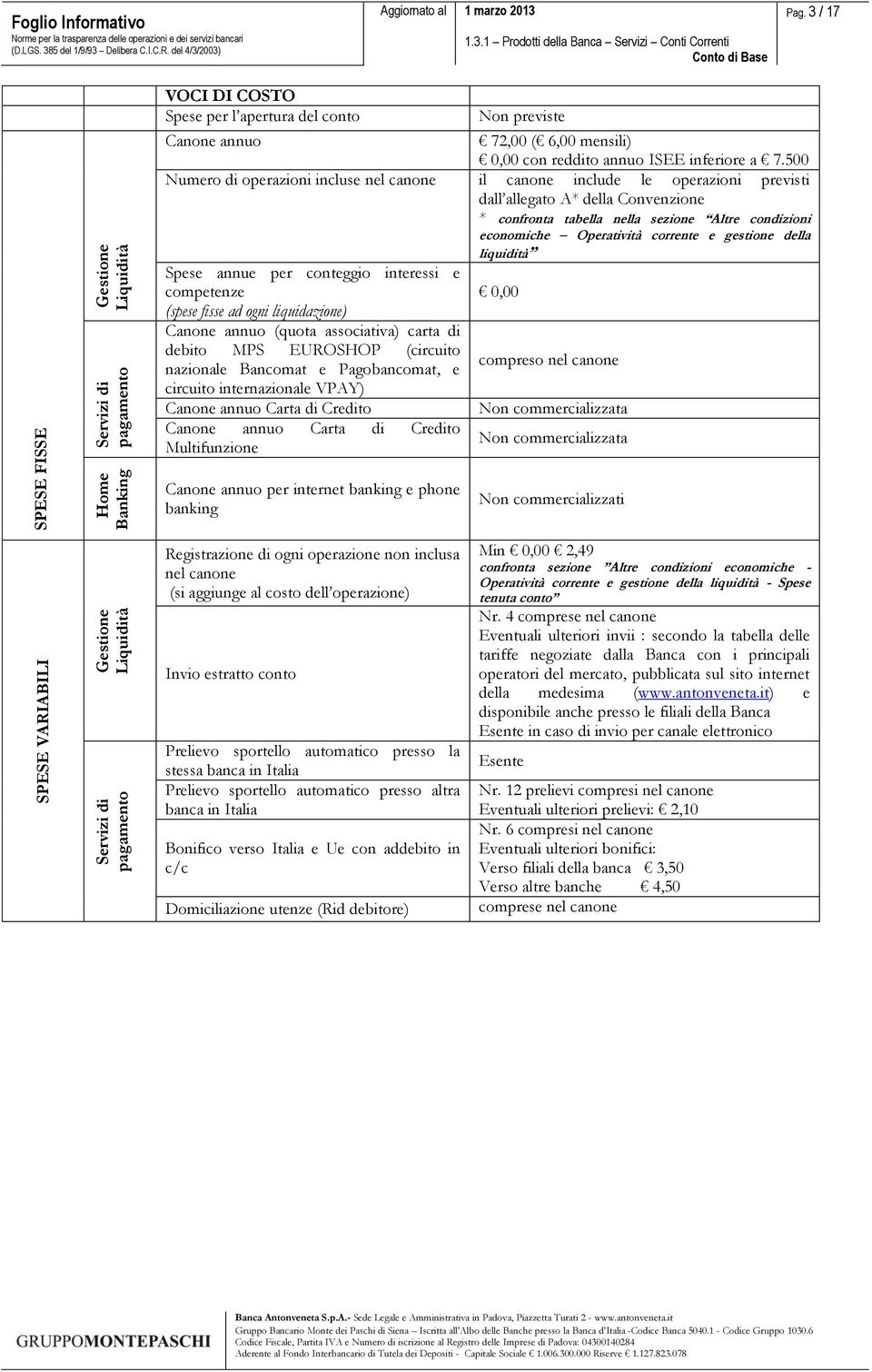 5 Numero di operazioni incluse nel canone il canone include le operazioni previsti dall allegato A* della Convenzione * confronta tabella nella sezione Altre condizioni economiche Operatività