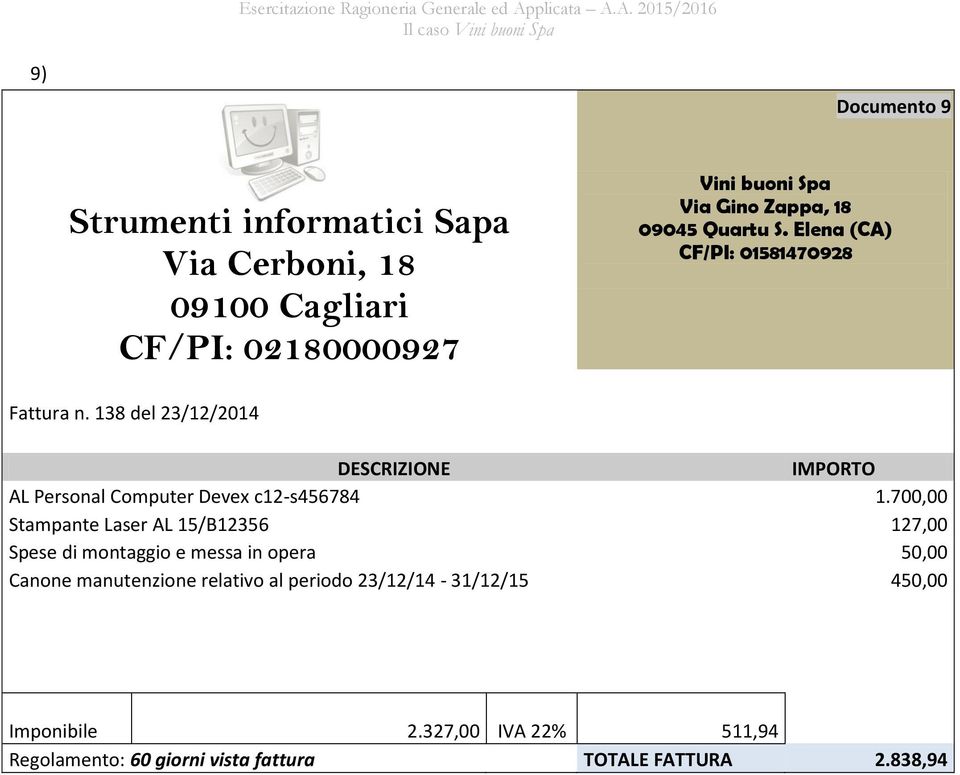 700,00 Stampante Laser AL 15/B12356 127,00 Spese di montaggio e messa in opera 50,00 Canone manutenzione relativo al