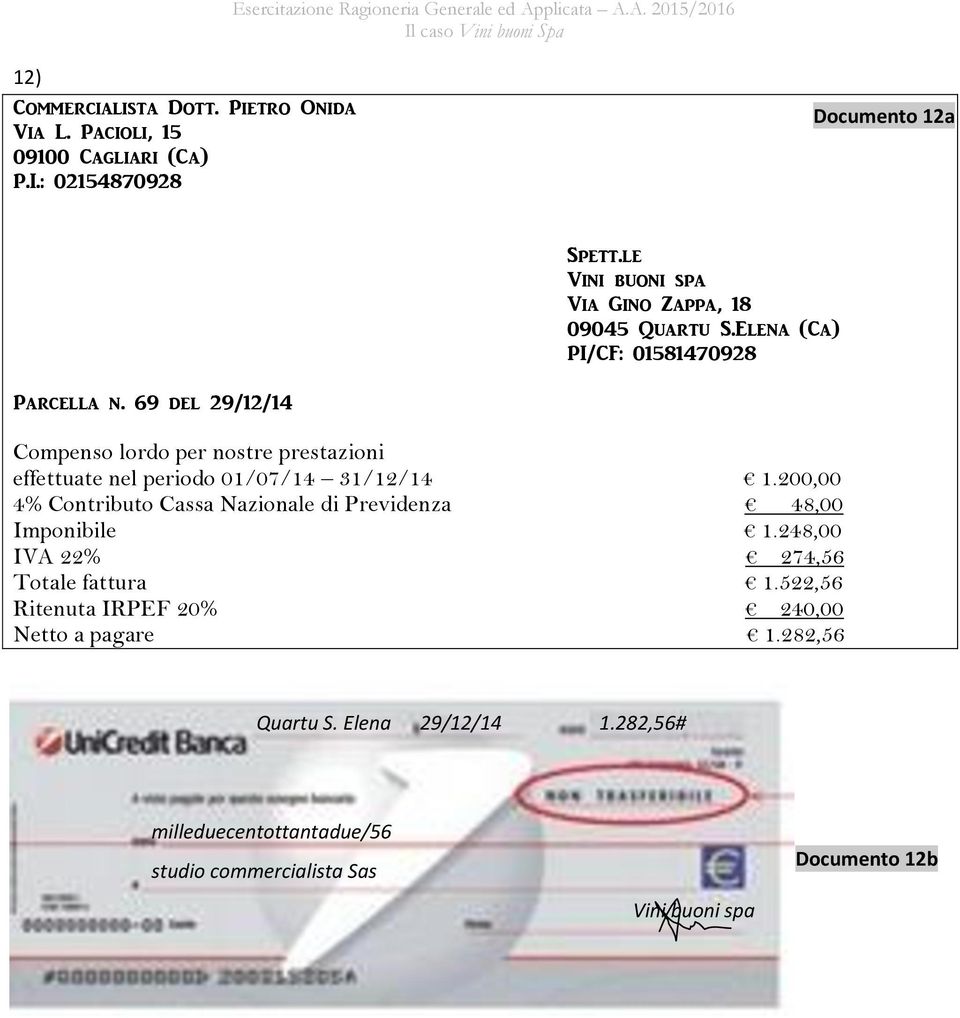 69 del 29/12/14 Compenso lordo per nostre prestazioni effettuate nel periodo 01/07/14 31/12/14 1.