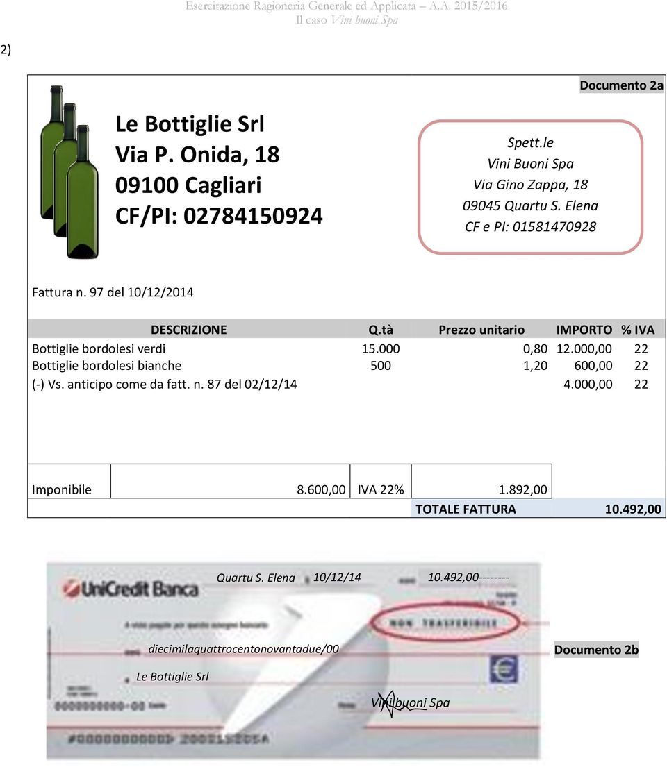 000 0,80 12.000,00 22 Bottiglie bordolesi bianche 500 1,20 600,00 22 (-) Vs. anticipo come da fatt. n. 87 del 02/12/14 4.