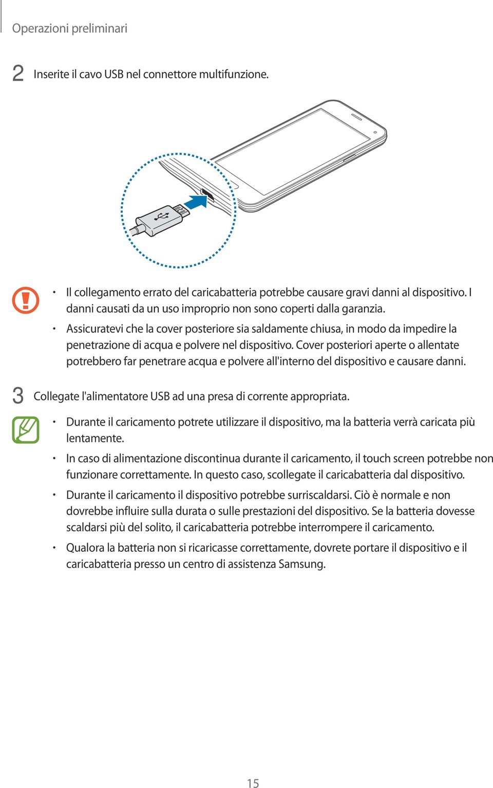 Cover posteriori aperte o allentate potrebbero far penetrare acqua e polvere all'interno del dispositivo e causare danni. 3 Collegate l'alimentatore USB ad una presa di corrente appropriata.