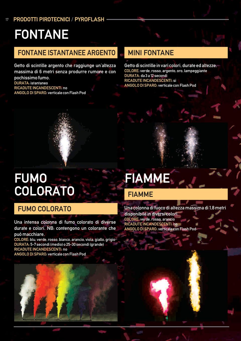 COLORE: verde, rosso, argento, oro, lampeggiante DURATA: da 3 a 12 secondi RICADUTE INCANDESCENTI: si ANGOLO DI SPARO: verticale con Flash Pod FUMO COLORATO FUMO COLORATO Una intensa colonna di fumo