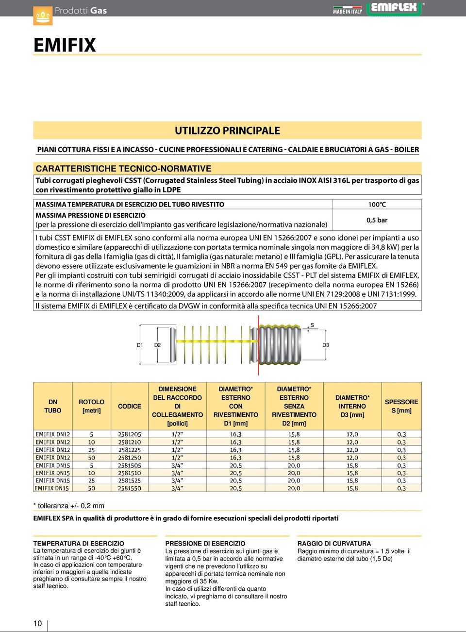 RIVESTITO 100 C MASSIMA PRESSIONE DI ESERCIZIO (per la pressione di esercizio dell impianto gas verificare legislazione/normativa nazionale) 0,5 bar I tubi CSST EMIFIX di EMIFLEX sono conformi alla