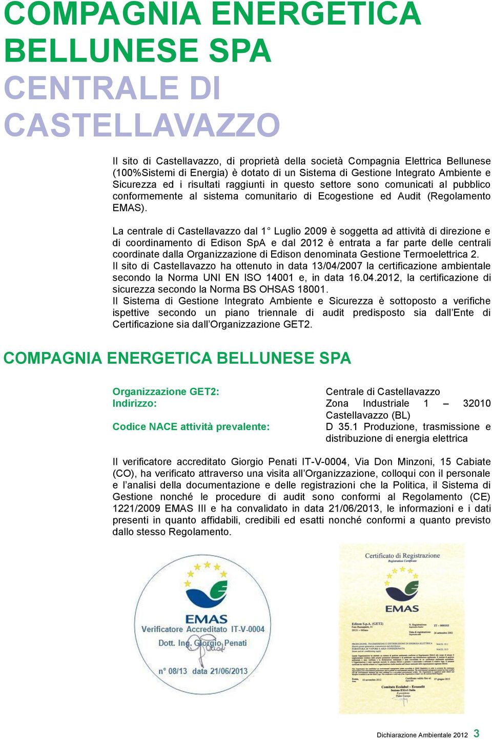 La centrale di Castellavazzo dal 1 Luglio 2009 è soggetta ad attività di direzione e di coordinamento di Edison SpA e dal 2012 è entrata a far parte delle centrali coordinate dalla Organizzazione di
