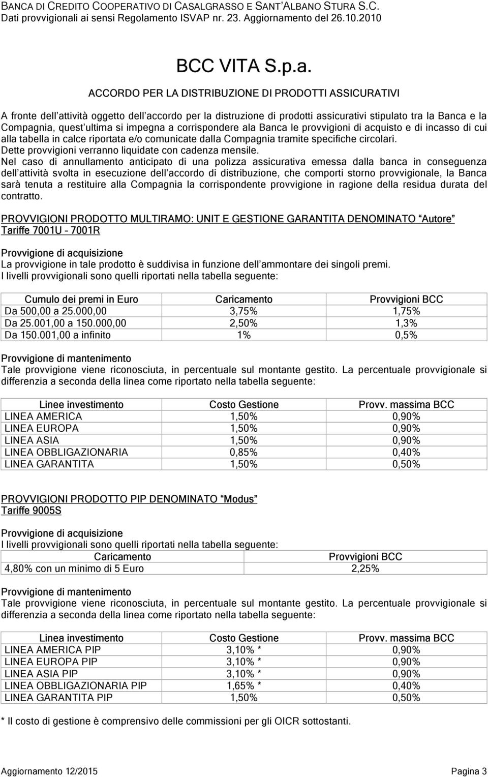 impegna a corrispondere ala Banca le provvigioni di acquisto e di incasso di cui alla tabella in calce riportata e/o comunicate dalla Compagnia tramite specifiche circolari.